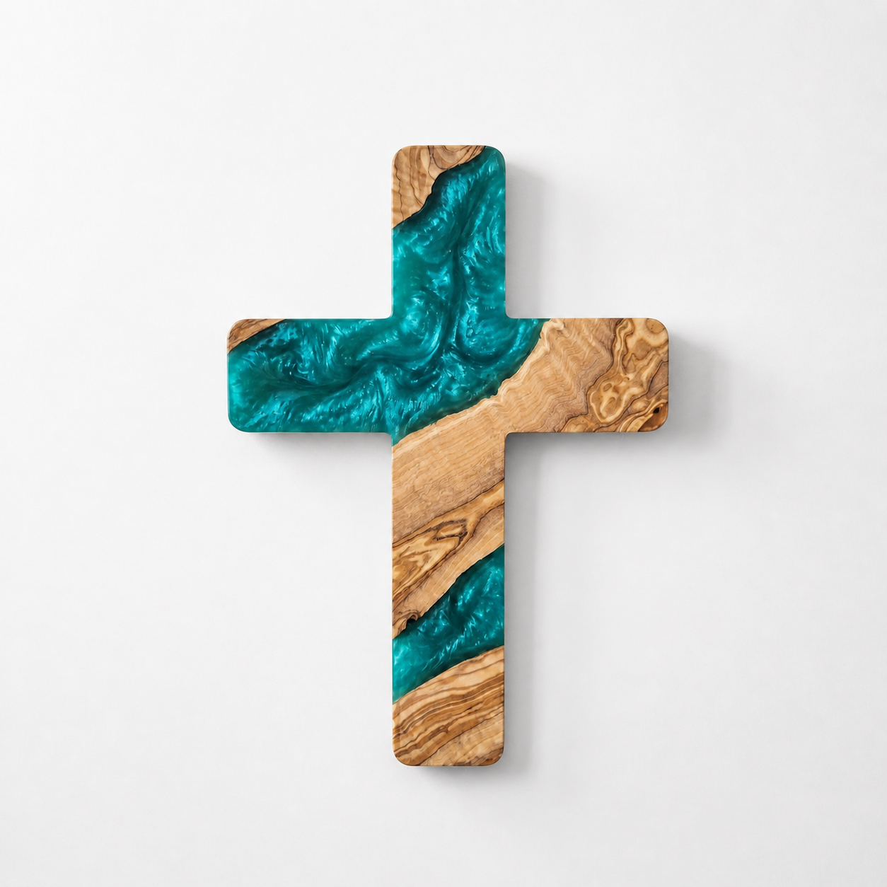 Handmade olive wood and artistic resin wall cross, natural wood grain with colorful resin accents, decorative wood wall art by Artdesigna