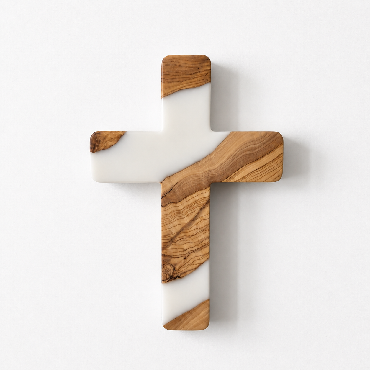 Handmade olive wood and artistic resin wall cross, wood wall art by Artdesigna, showcasing natural wood grain and vibrant resin accents.