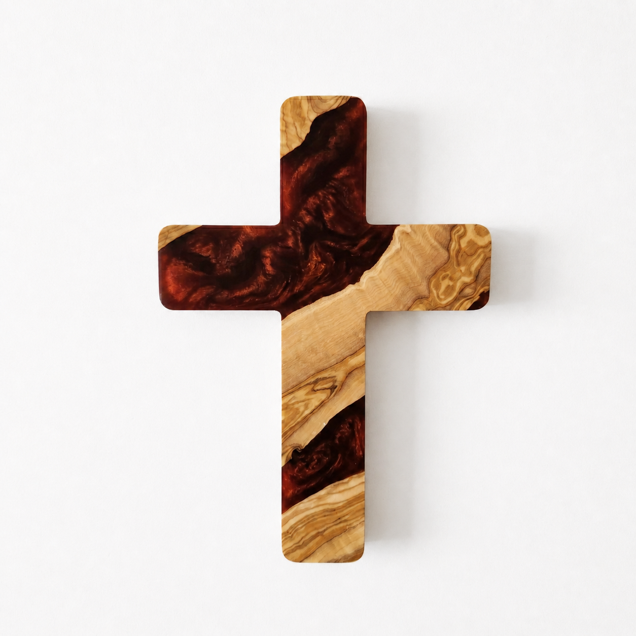 Handmade olive wood and artistic resin wall cross, wooden wall art by Artdesigna featuring natural wood grain and colorful resin accents.