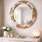 White pearl epoxy and olive wood wall art mirror featuring a round design with a rustic wooden frame and elegant decorative details.