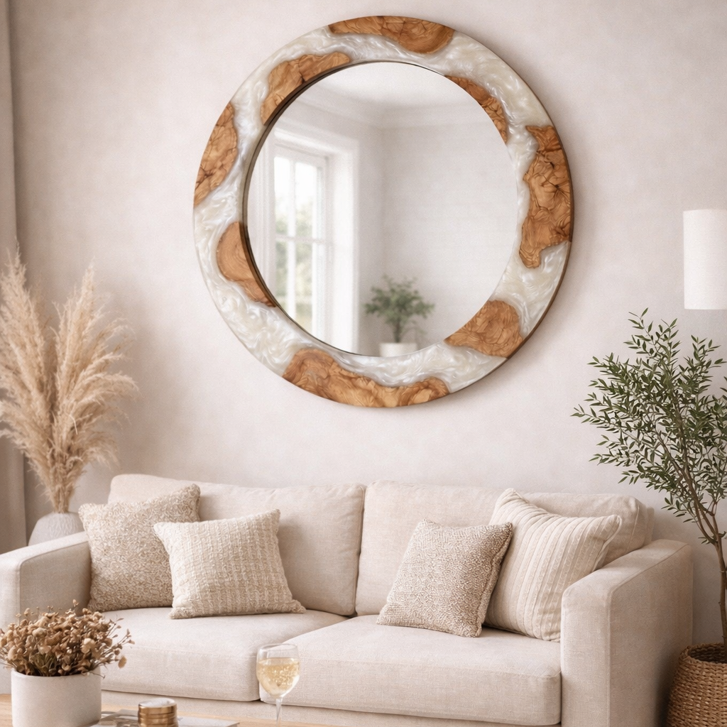 White pearl epoxy and olive wood wall art mirror with a round shape, showcasing a stylish blend of natural wood and glossy epoxy.
