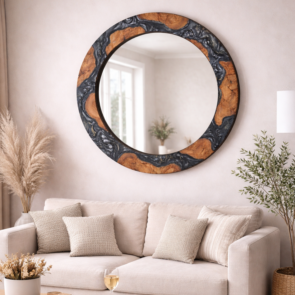 Black Diamond epoxy and olive wood wall art mirror with a modern wooden design, crafted by Artdesigna.