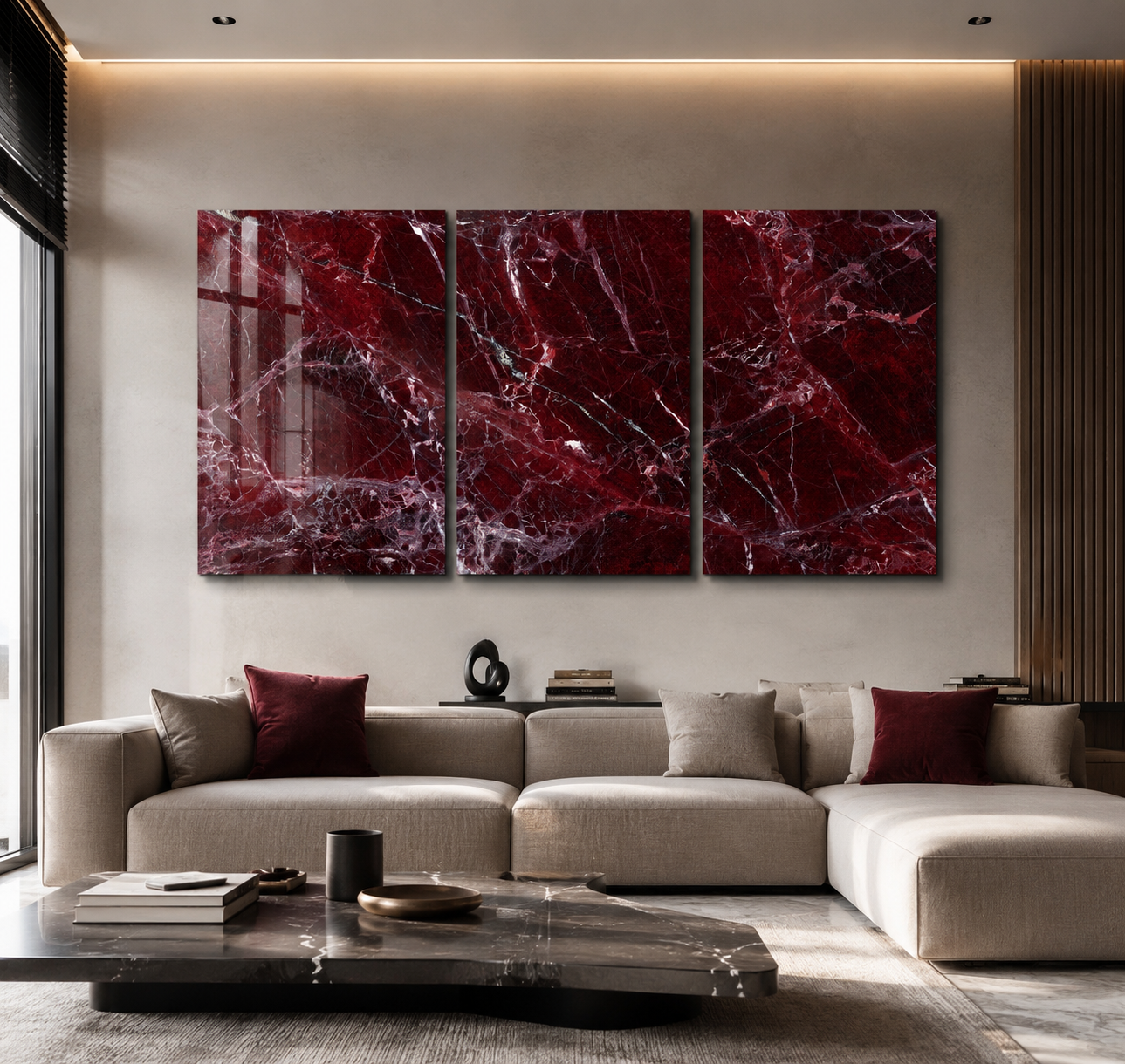Rare Burgundy Marble Trio | Glass Wall Art