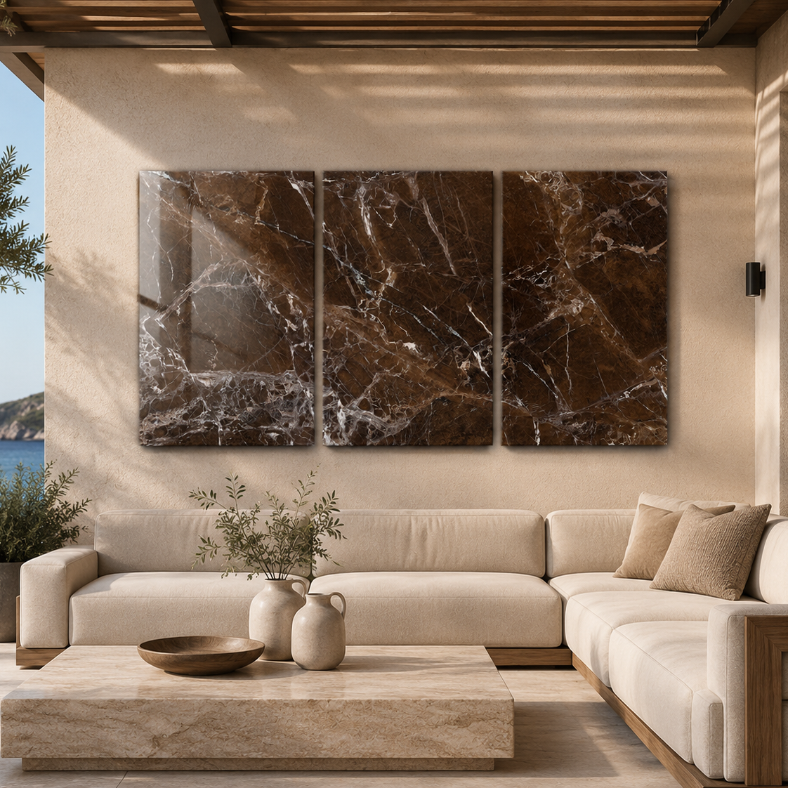Mocha Brown Marble Trio | Glass Wall Art
