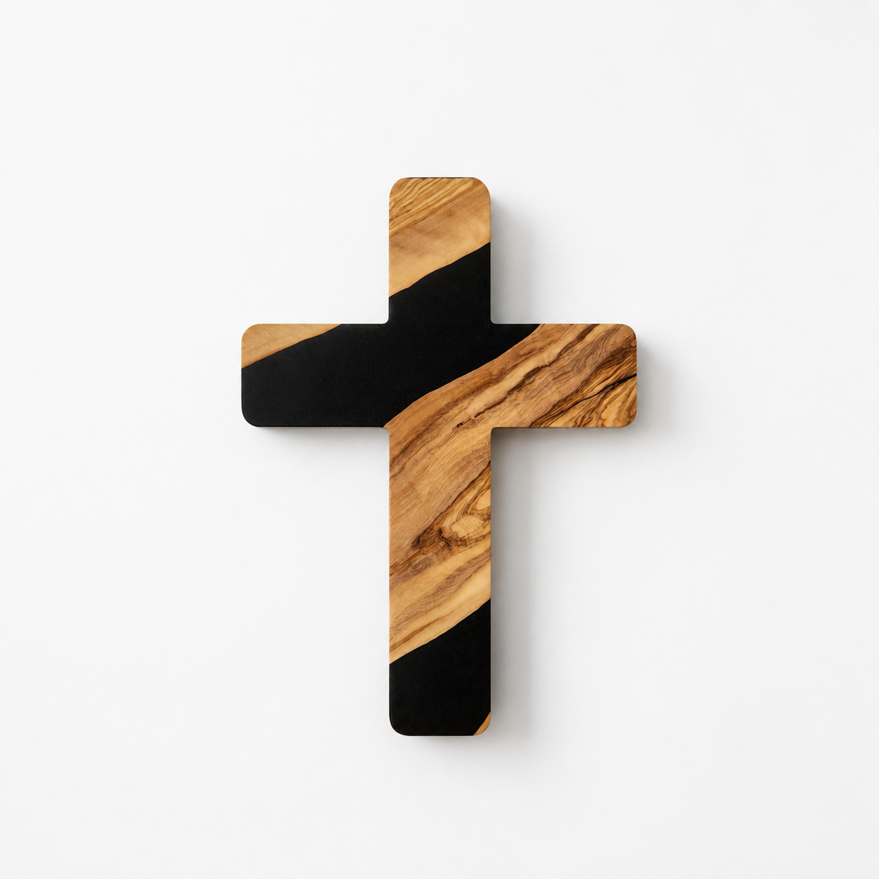 Handmade olive wood and artistic resin wall cross, decorative wood wall art by Artdesigna, featuring intricate natural and colorful details.