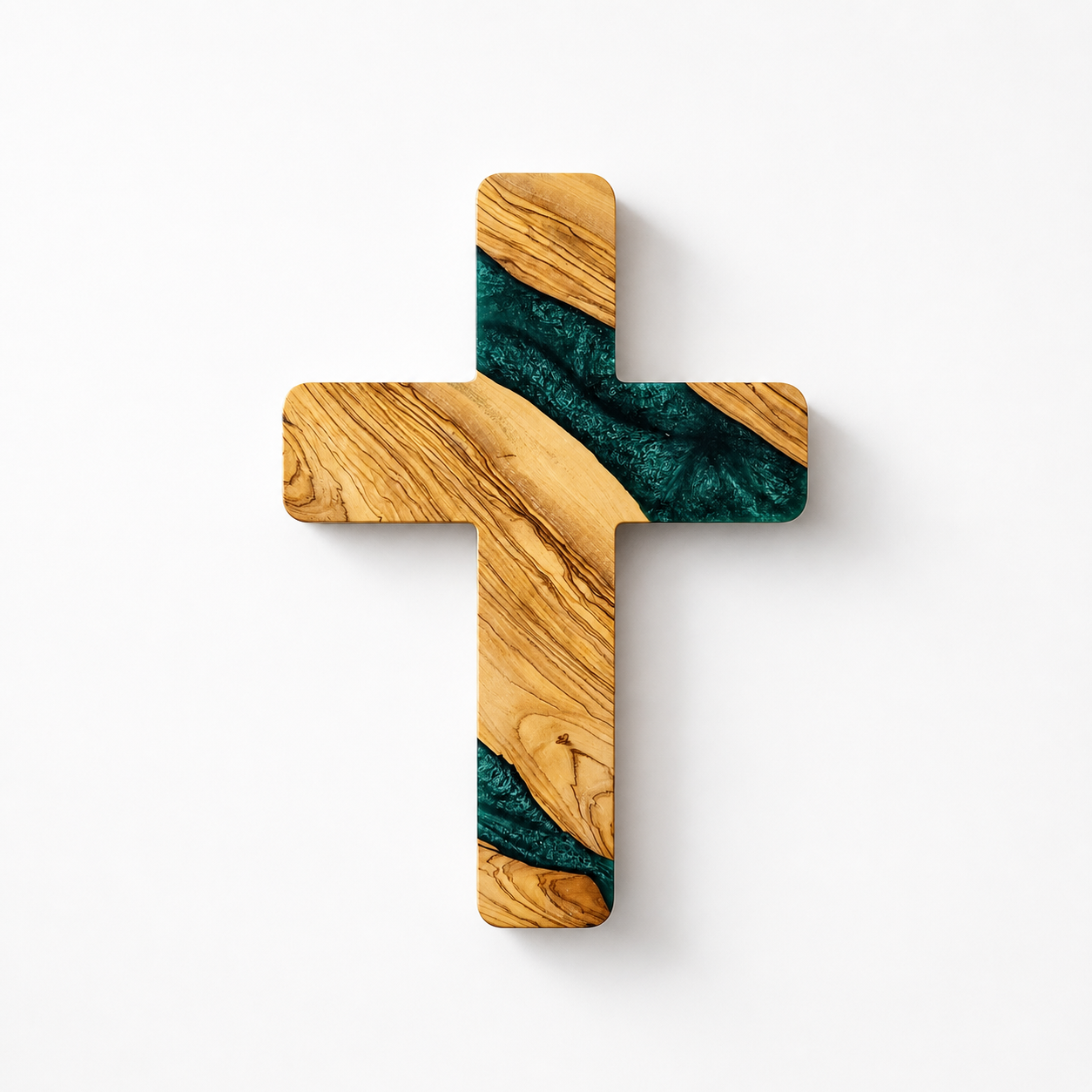Handmade olive wood and artistic resin wall cross, decorative wood wall art by Artdesigna, featuring intricate design and natural wood grain.