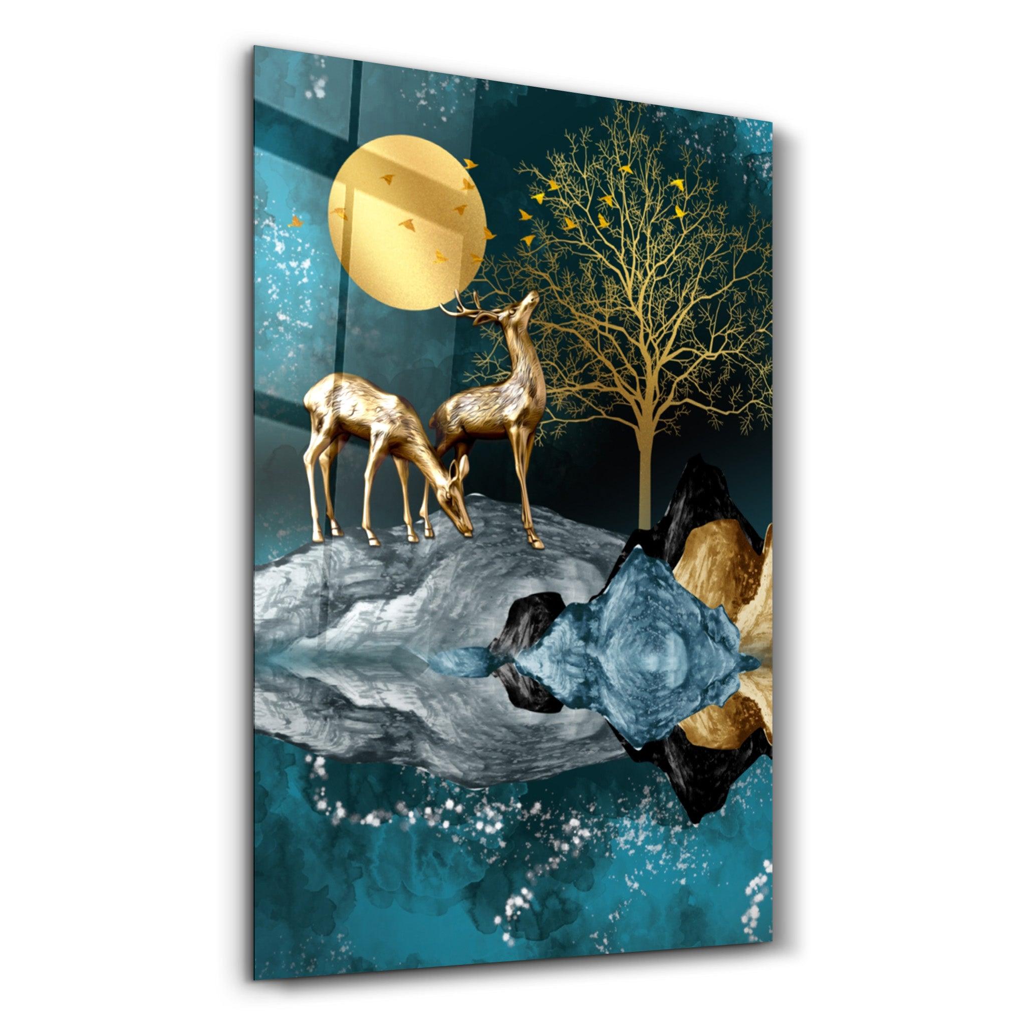 Abstract Deer & Birds V2 | Glass Wall Art - Artdesigna