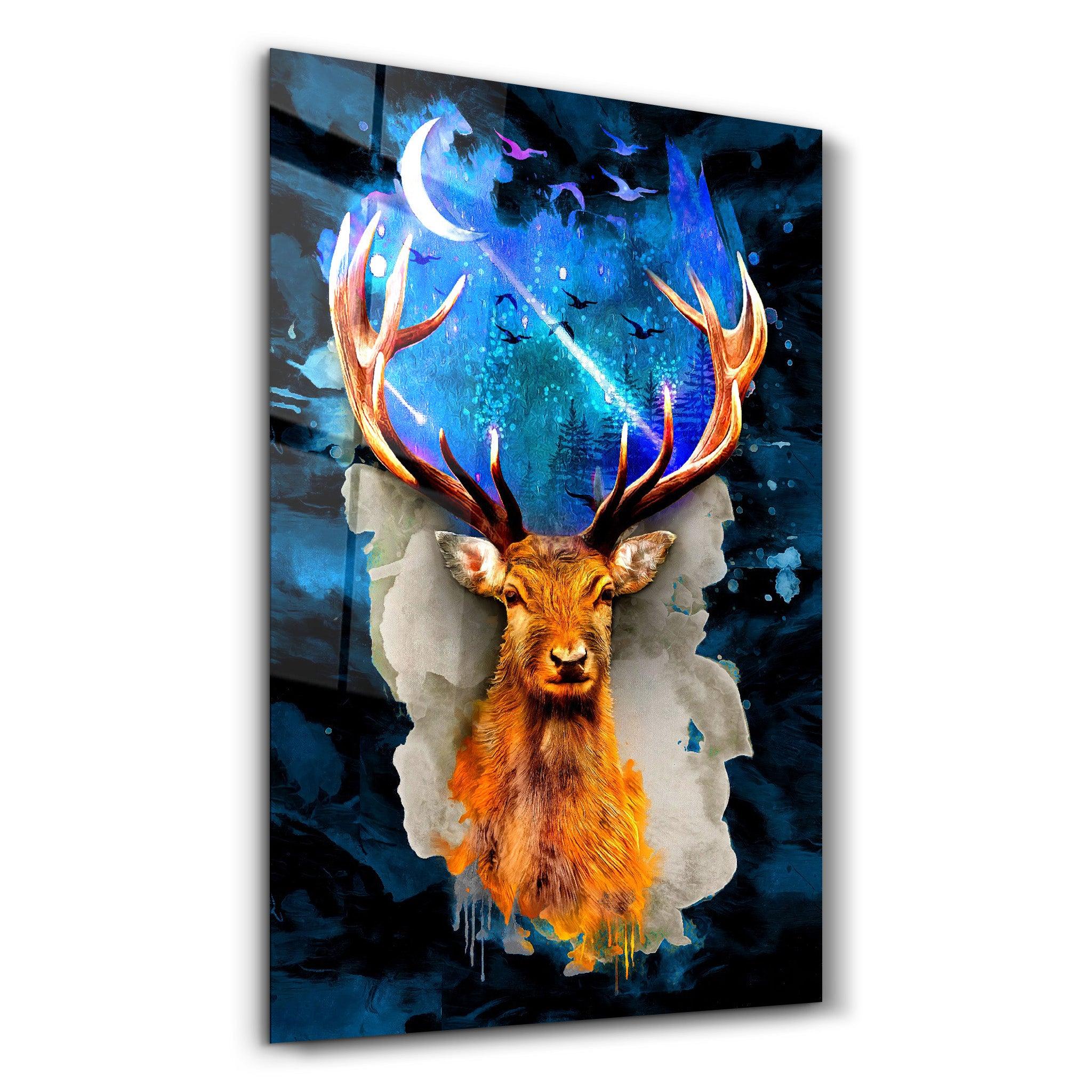 Deer & Moon | Glass Wall Art - Artdesigna