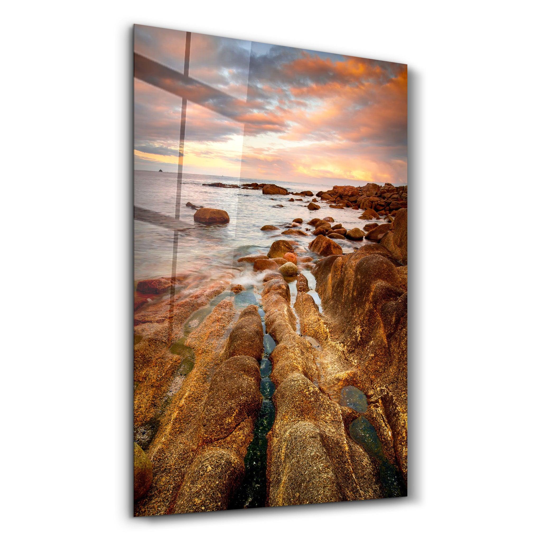 Golden Rocks and Sunset | Glass Wall Art - Artdesigna