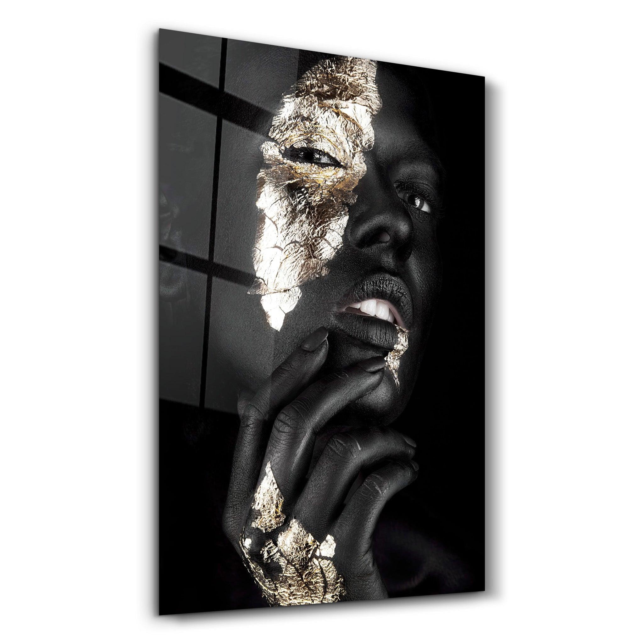 Golden Face Woman Portrait | Glass Wall Art - Artdesigna