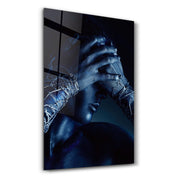 The Woman In Dark Blue | Glass Wall Art - Artdesigna