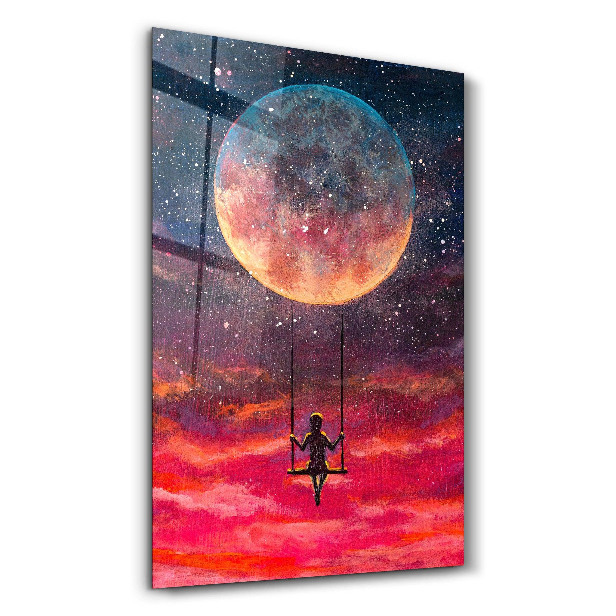 Girl Swinging Under The Moon | Glass Wall Art - Artdesigna