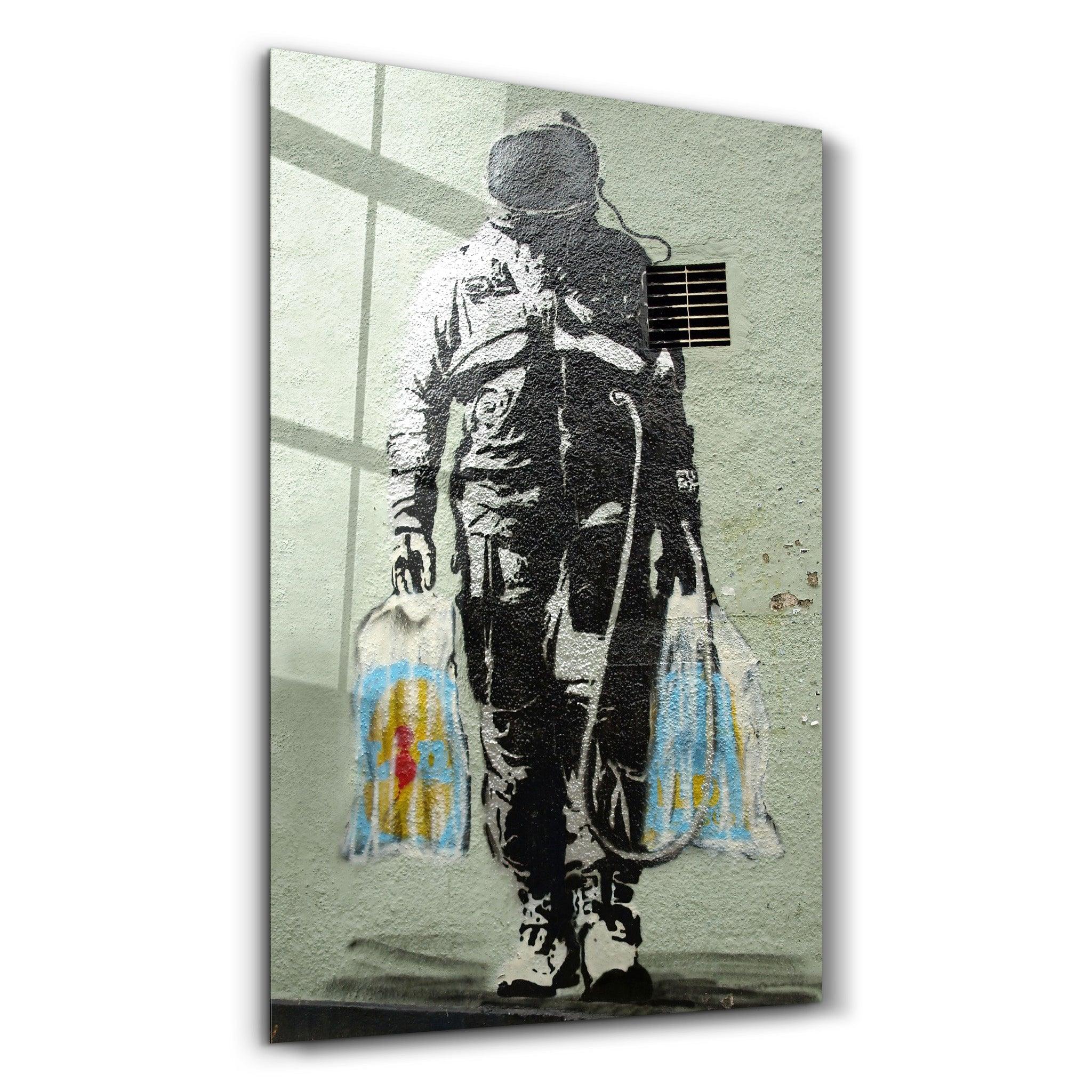 Banksy - Shopper Spaceman | Glass Wall Art - Artdesigna