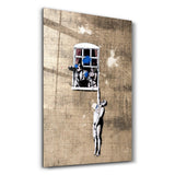 Banksy Man hanging from a window | Glass Wall Art