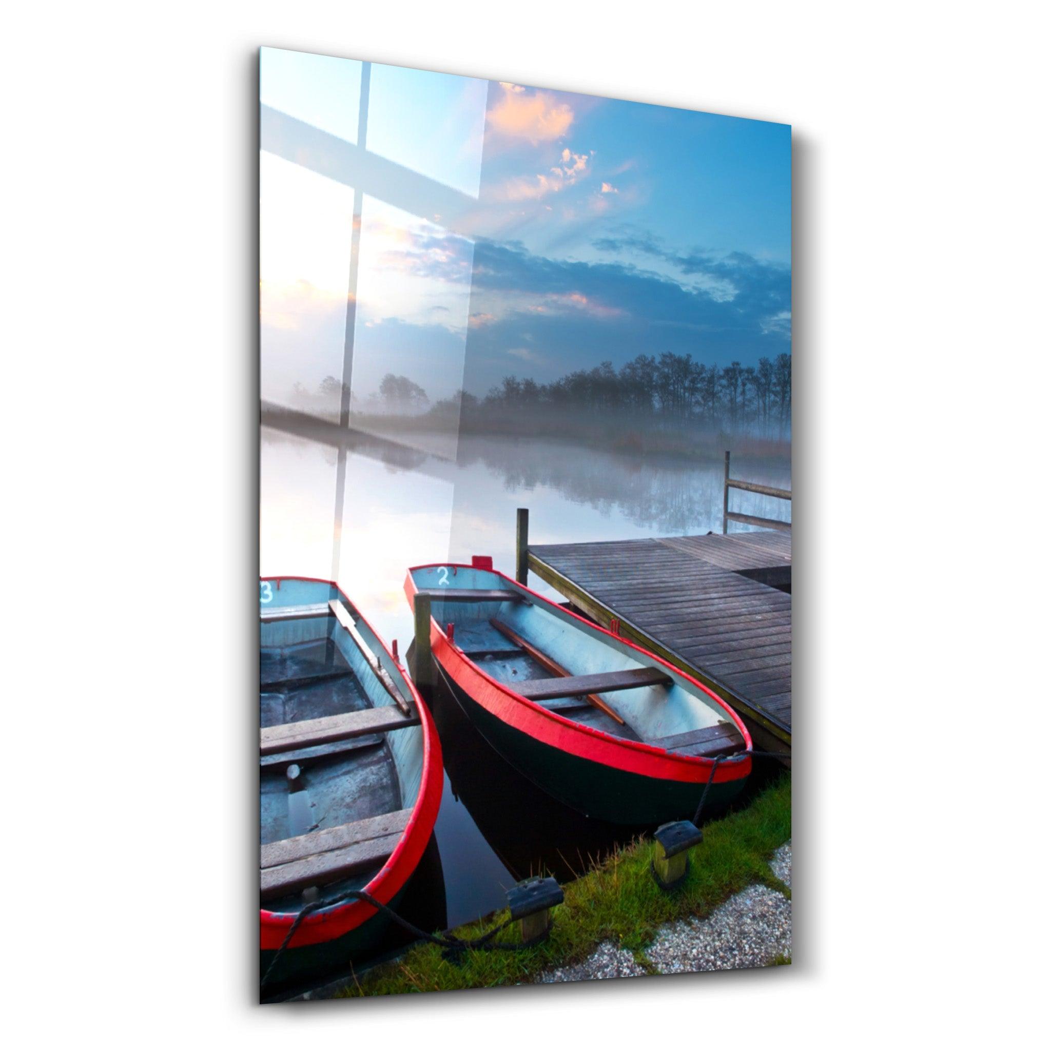 Lake and Boat Landscape | Glass Wall Art - Artdesigna