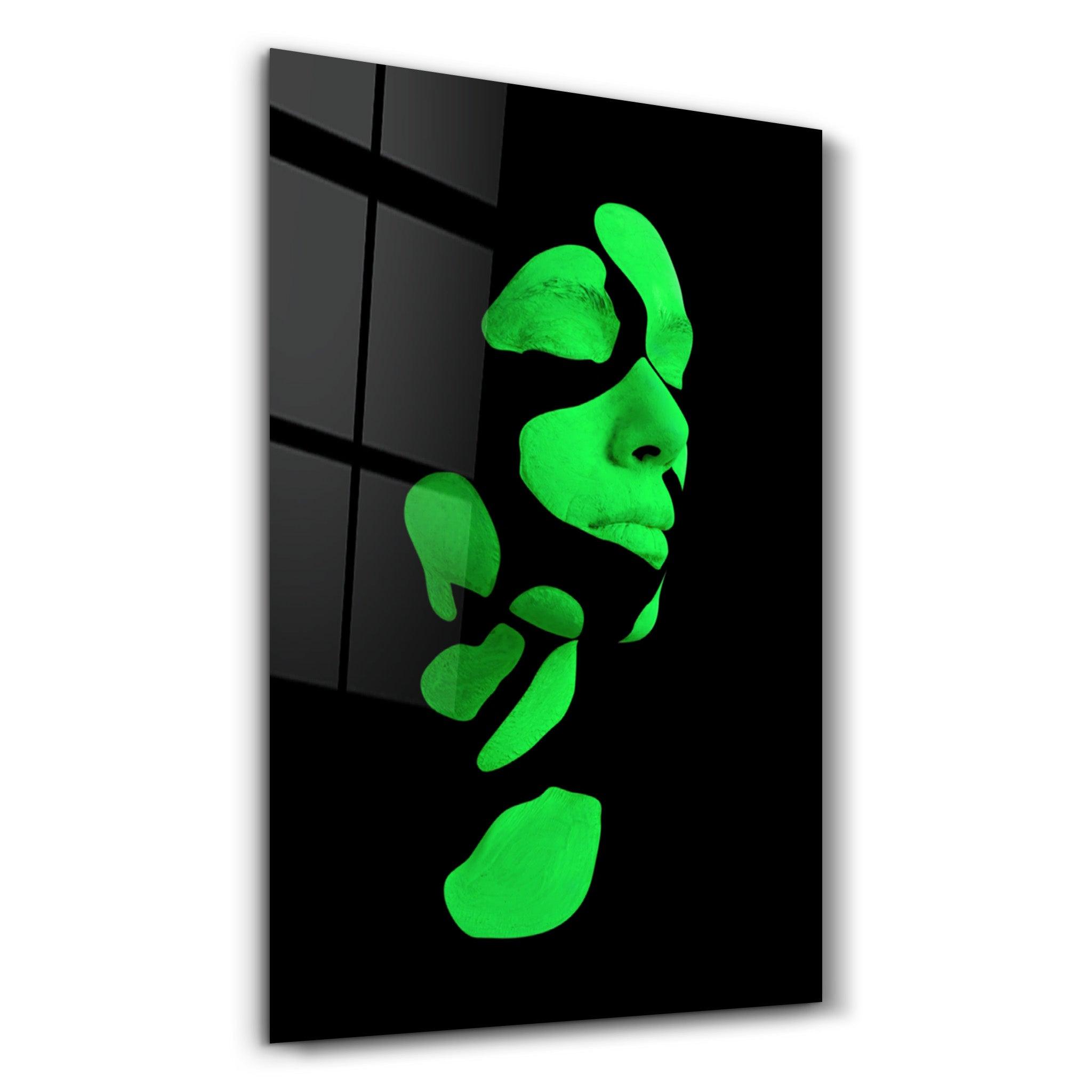 Mysterious Green Face | Glass Wall Art - Artdesigna