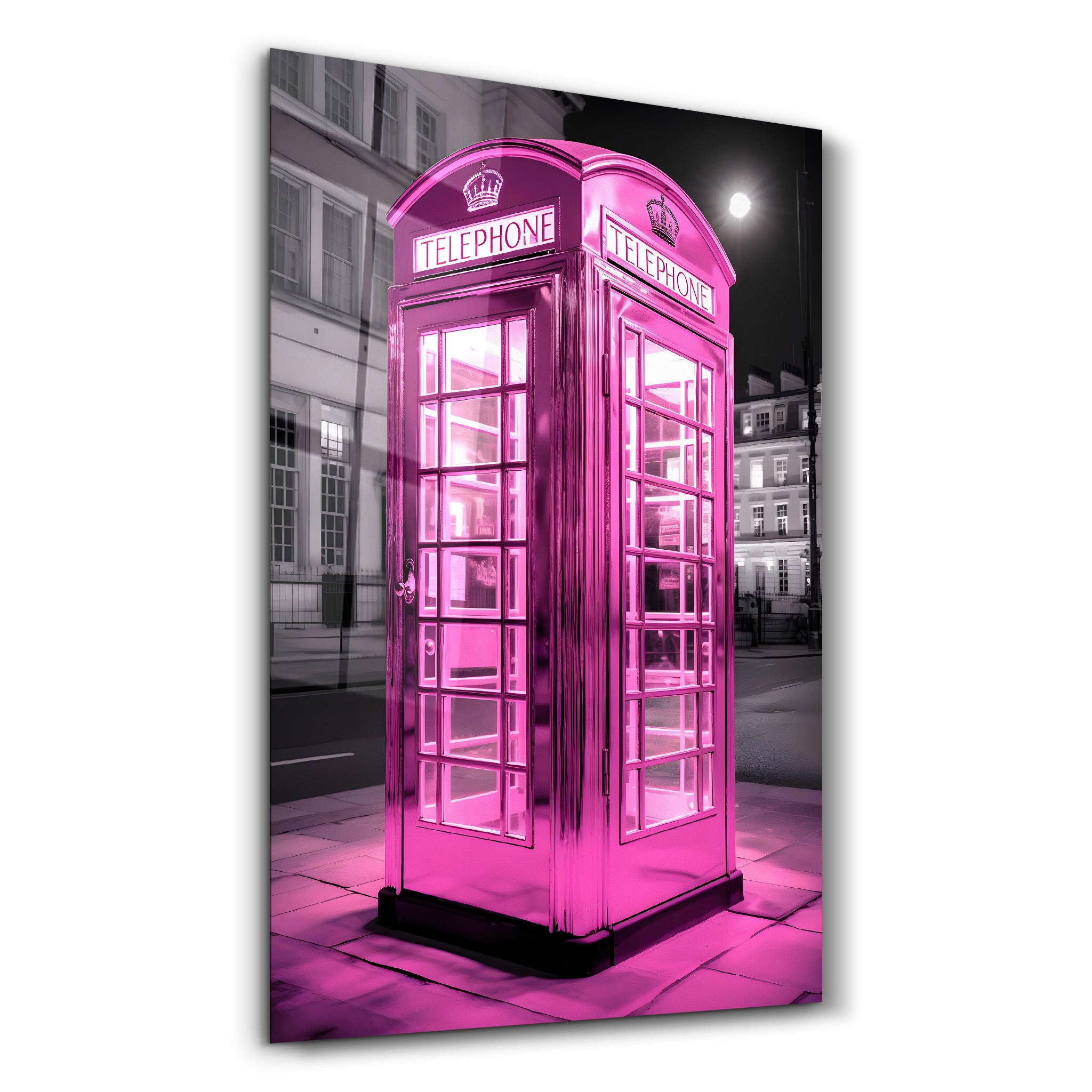 Pink Retro Telephone Booth - Glass Wall Art - Artdesigna