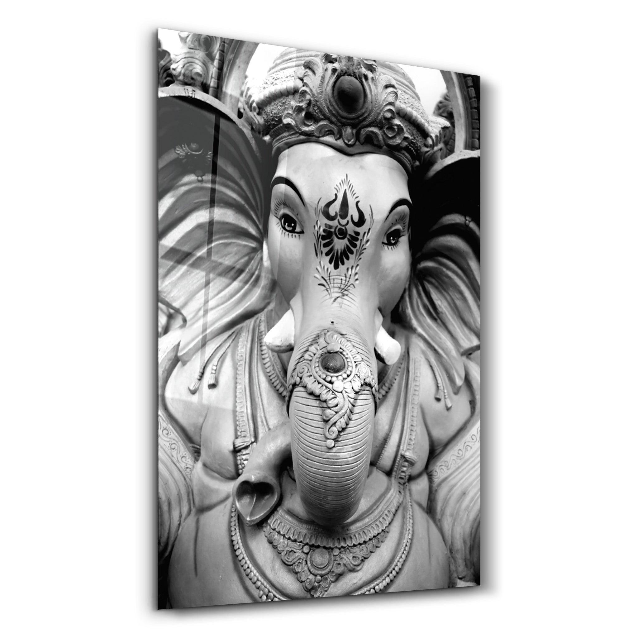 Lord Ganesh B&W Sculpture | Glass Wall Art - Artdesigna