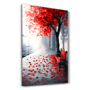 Red Bench Beneath The Tree | Glass Wall Art