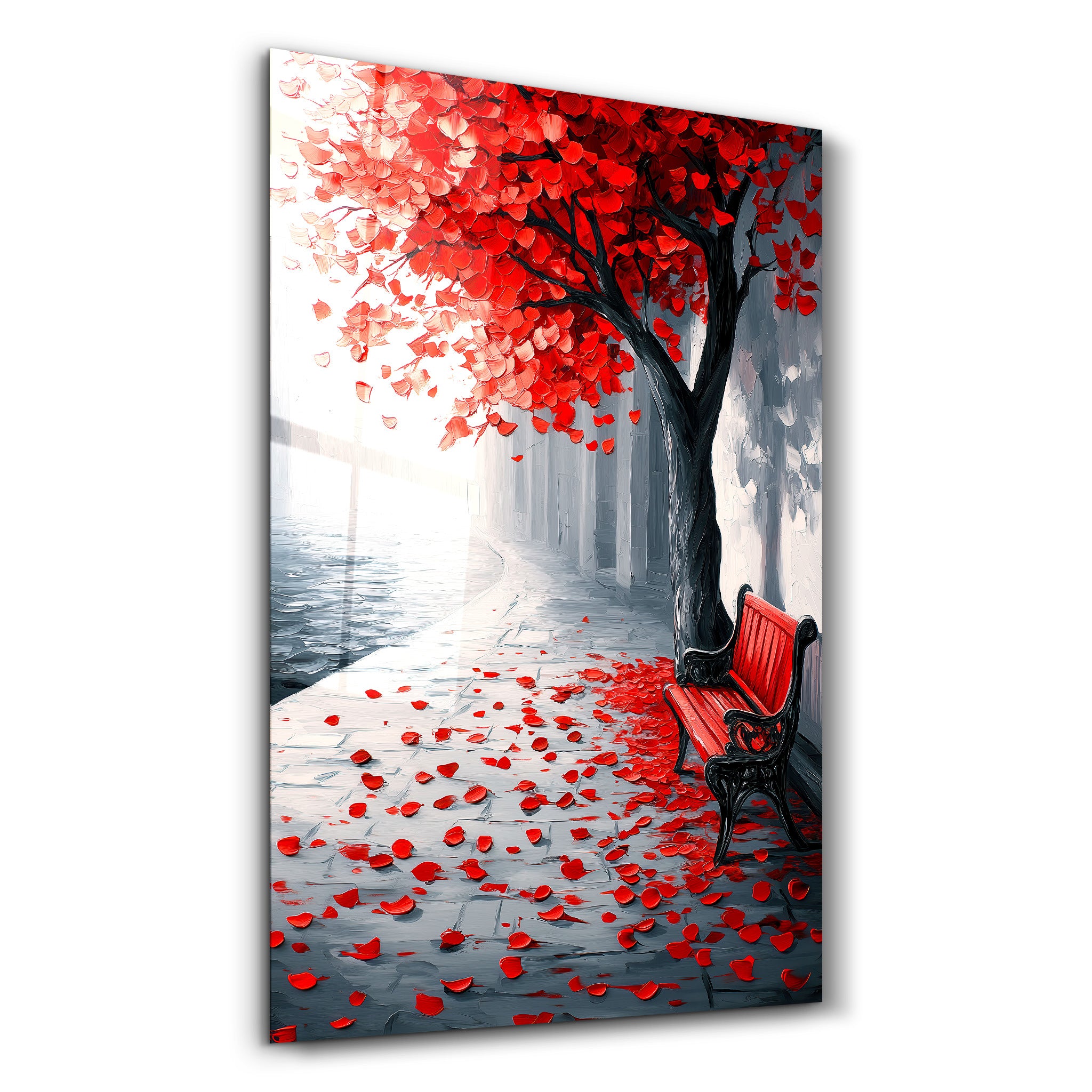 Red Bench Beneath The Tree | Glass Wall Art