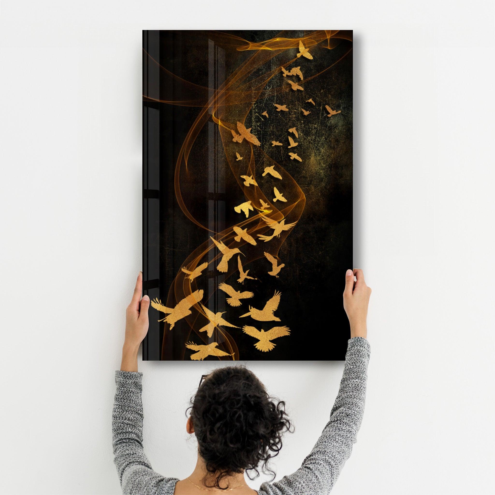 Abstract Yellow Birds | Glass Wall Art - Artdesigna