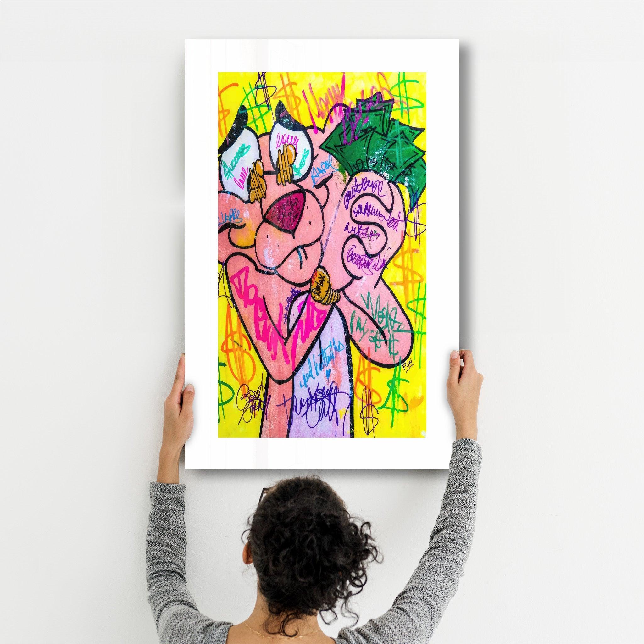 Pink Panther - Retro Painting | Contemporary Collection Glass Wall Art - Artdesigna