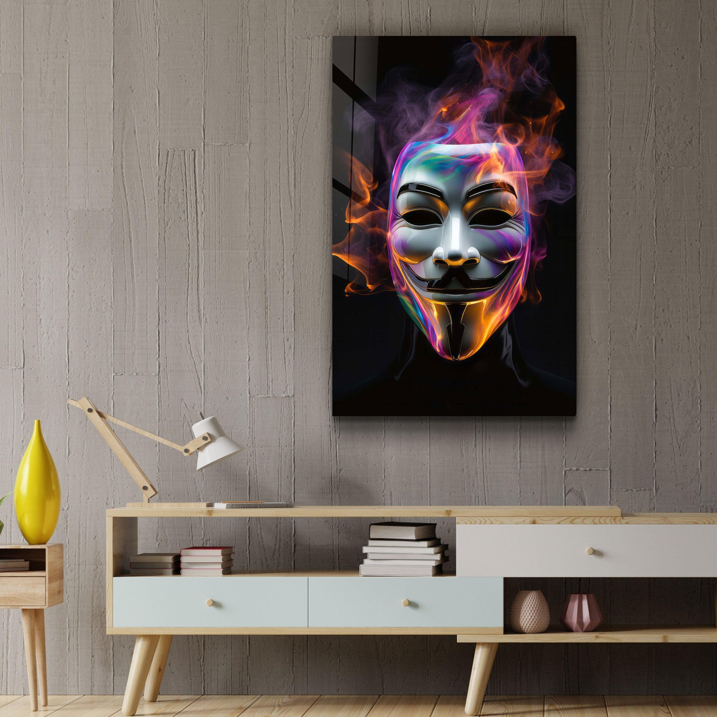 Salvador Mask with Neon Smokes | Designers Collection Glass Wall Art - Artdesigna