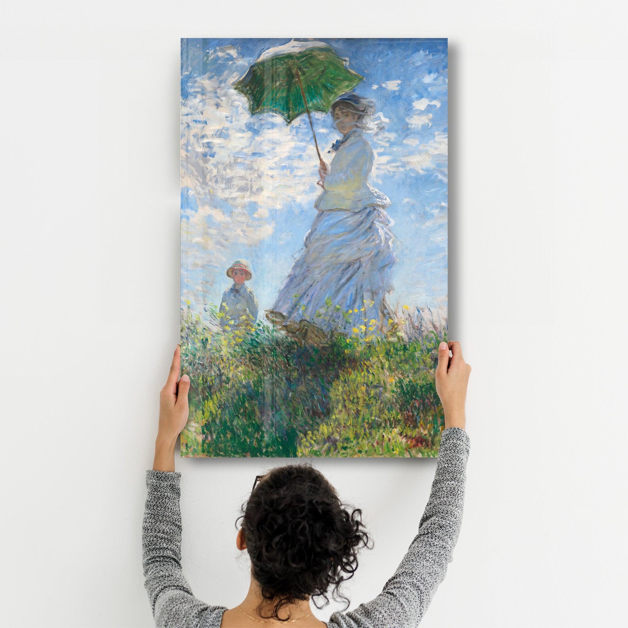 Woman with a Parasol, Madame Monet and Her Son (1875) by Claude Monet | Glass Wall Art - Artdesigna