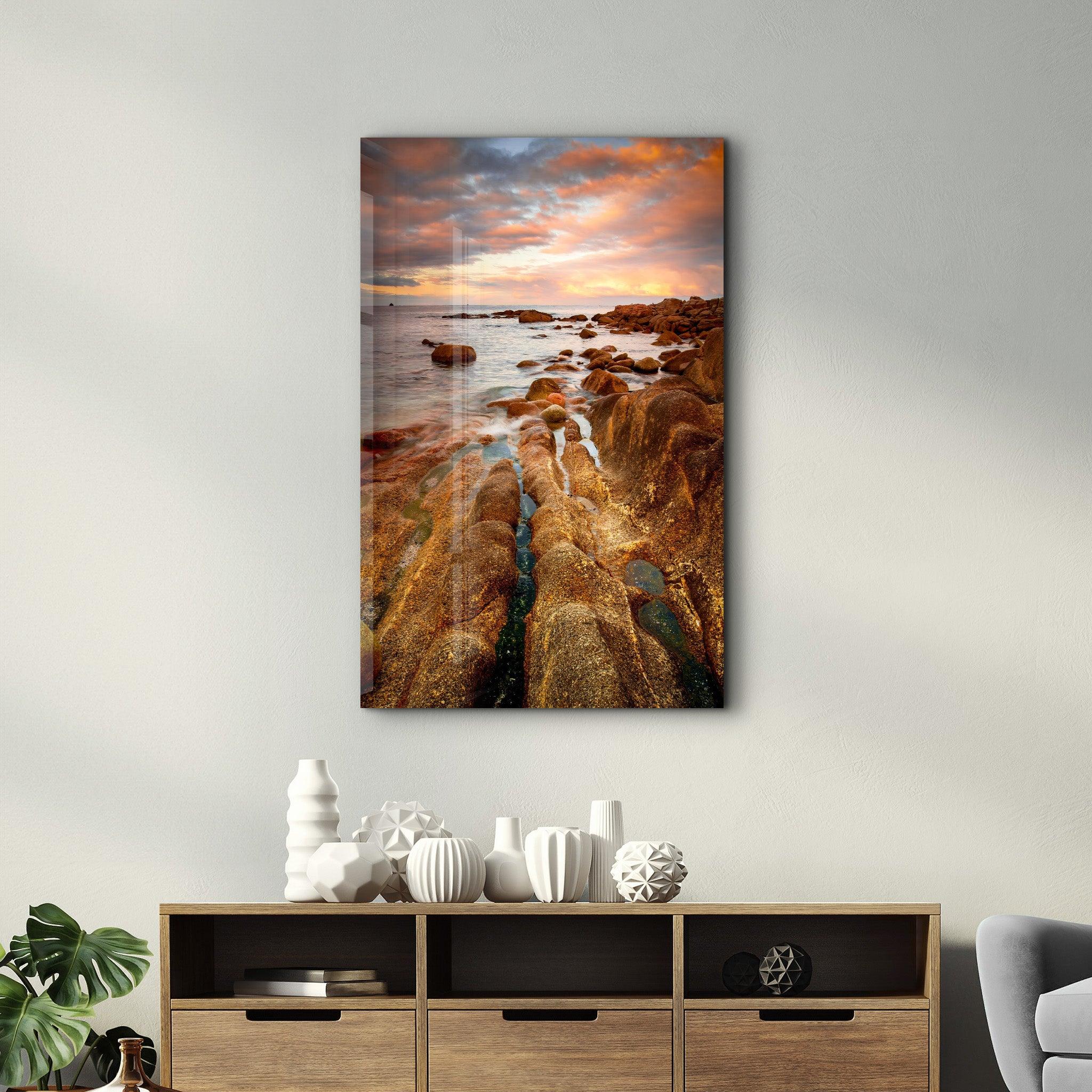 Golden Rocks and Sunset | Glass Wall Art - Artdesigna