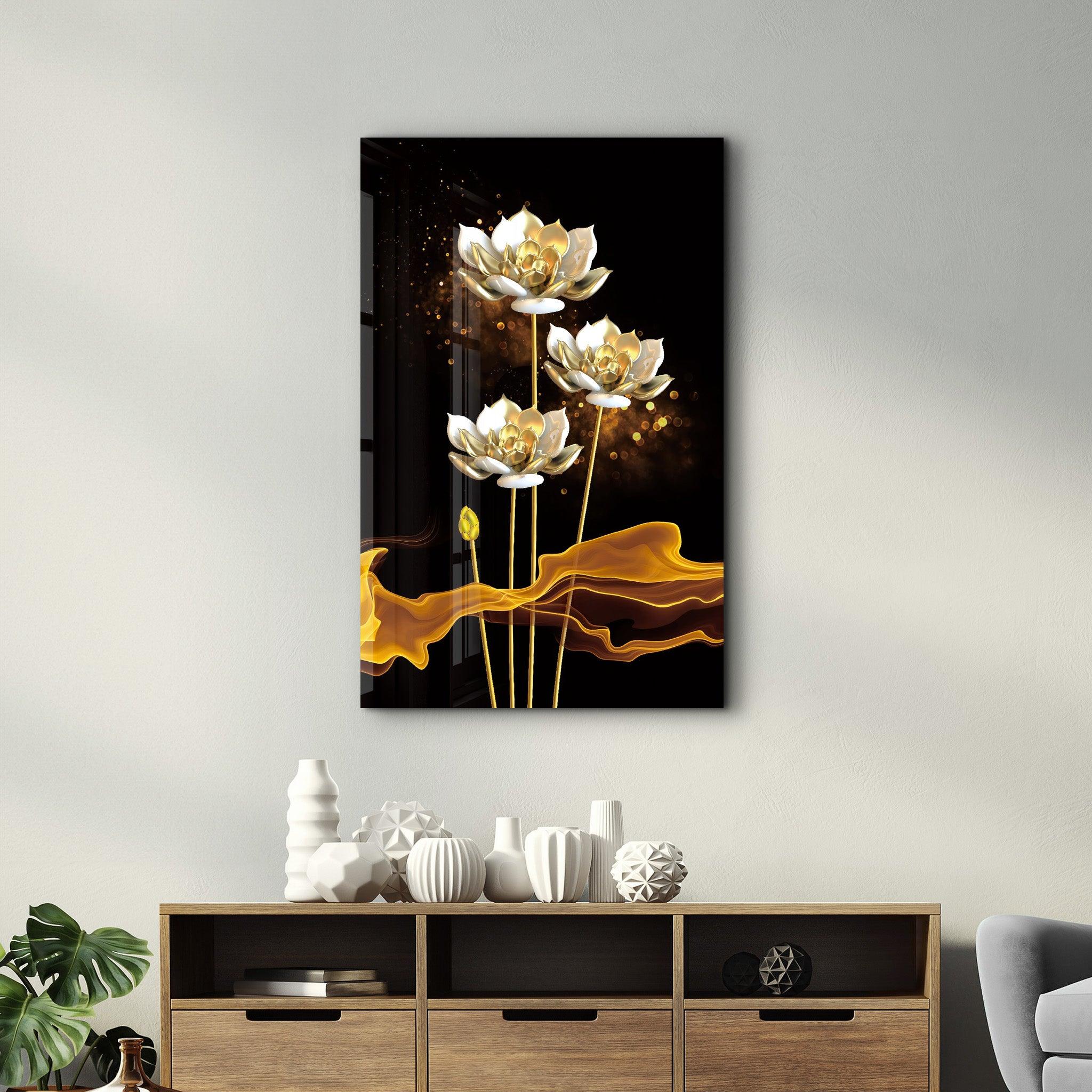 The Golden Leaf Plant | Glass Wall Art - Artdesigna