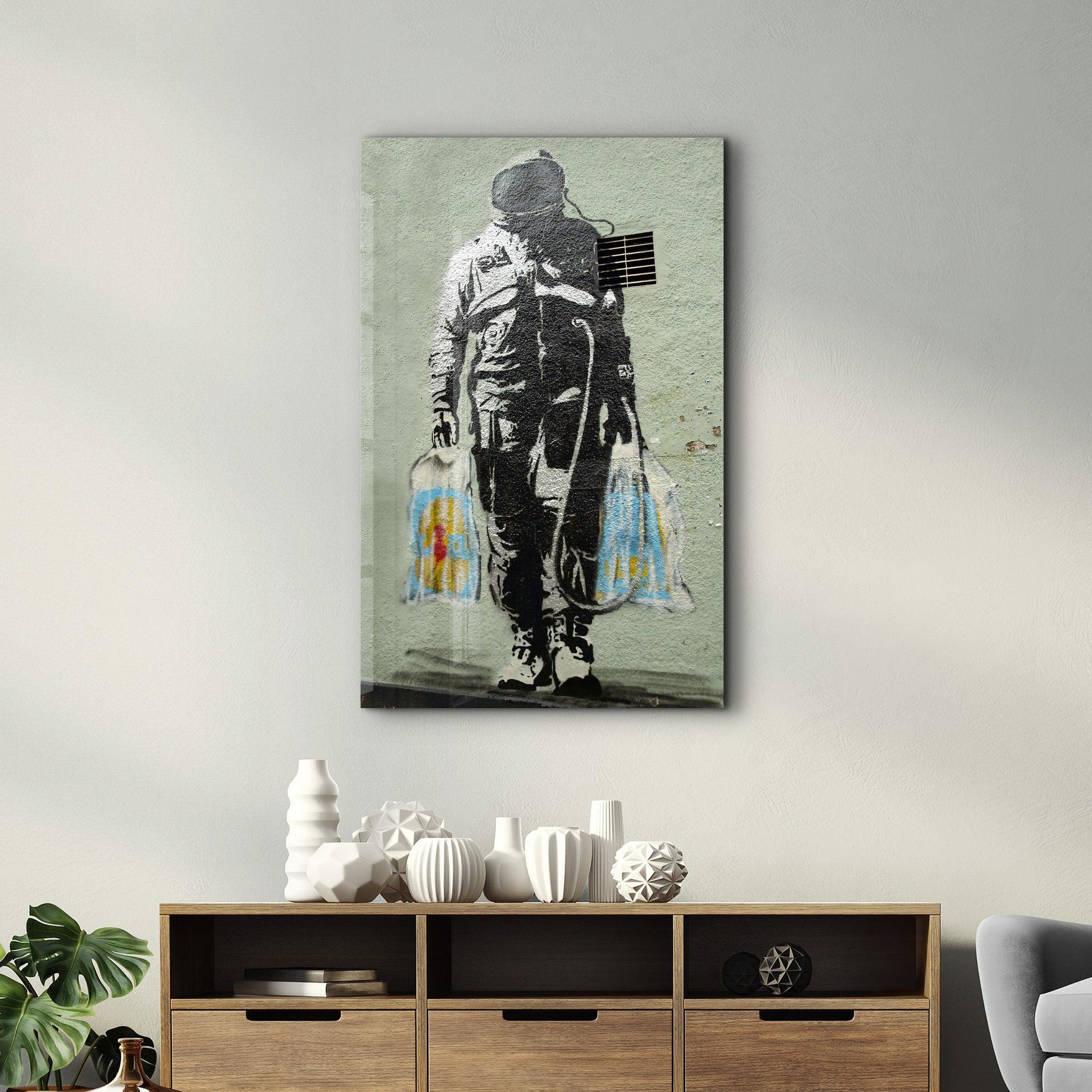 Banksy - Shopper Spaceman | Glass Wall Art - Artdesigna