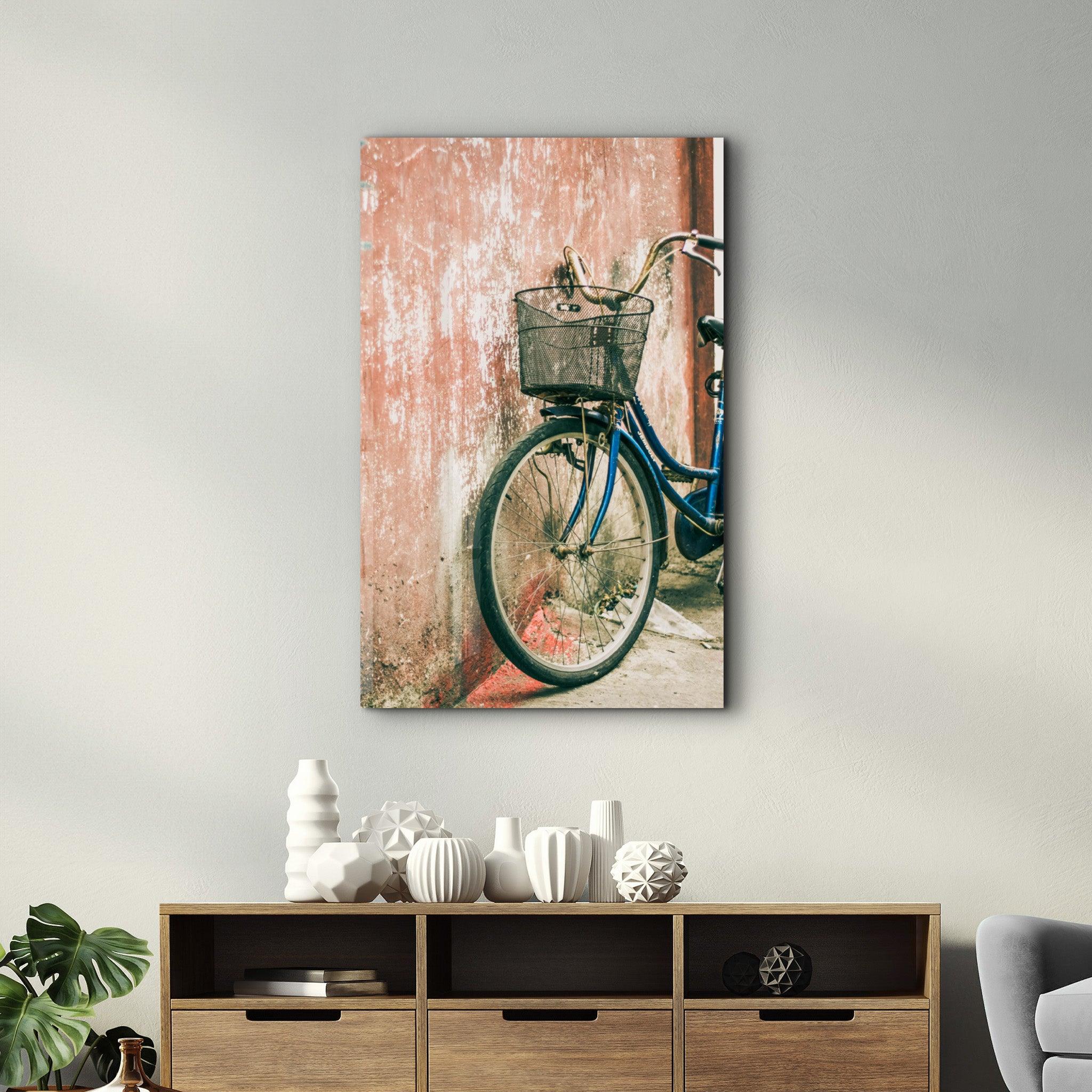 Bicycle with Basket | Glass Wall Art - Artdesigna