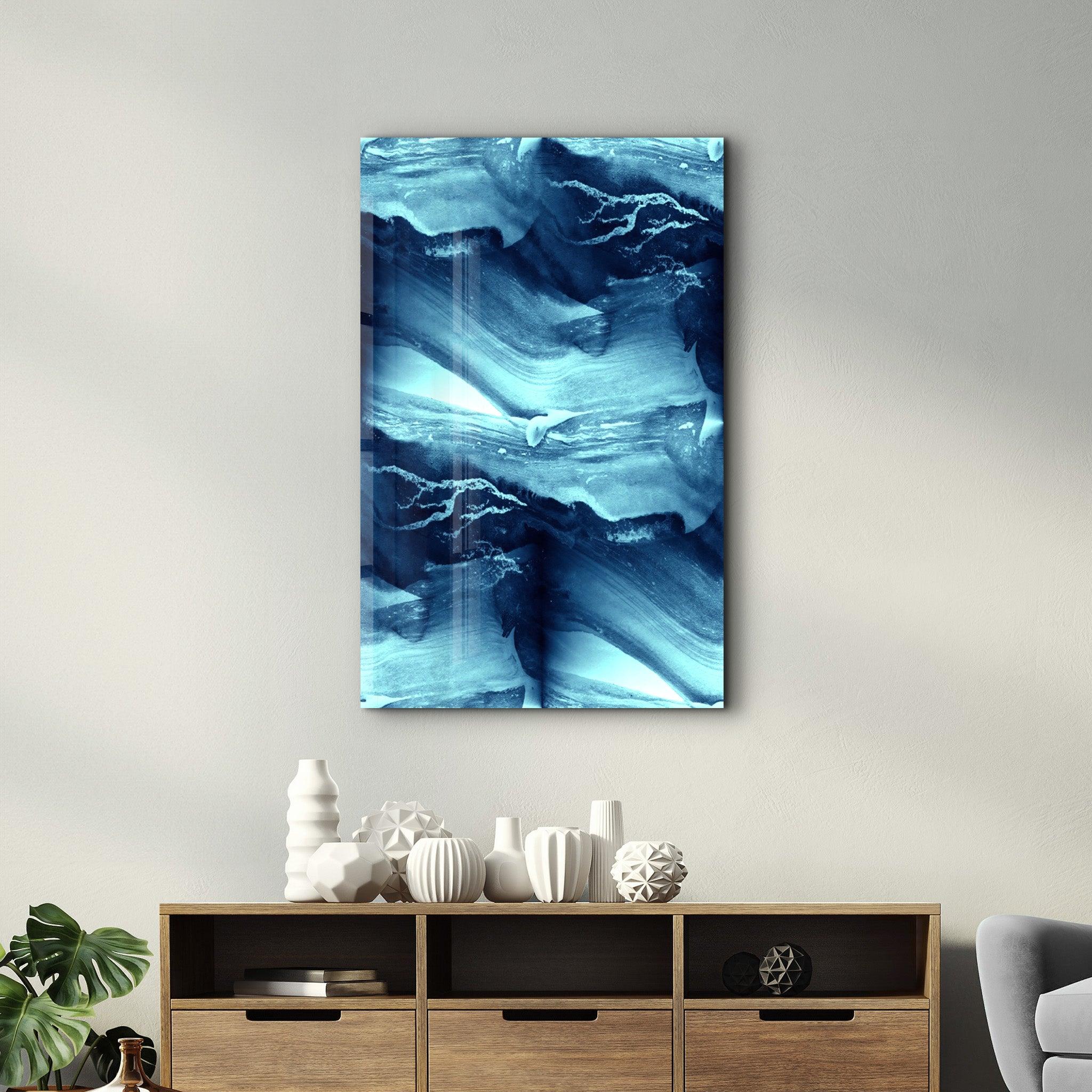 Abstract Waves in Blue | Glass Wall Art - Artdesigna