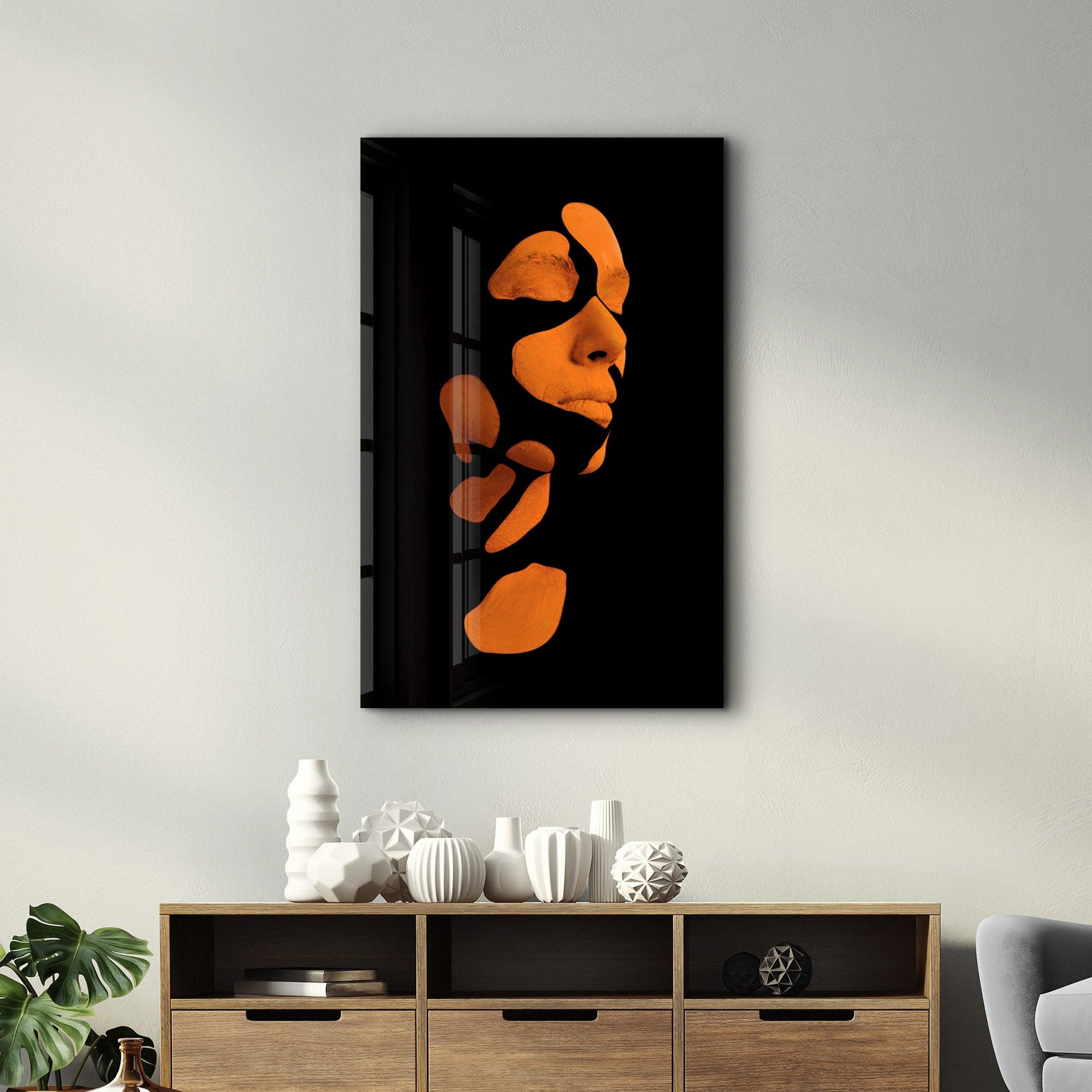 Mysterious Orange Face | Glass Wall Art - Artdesigna