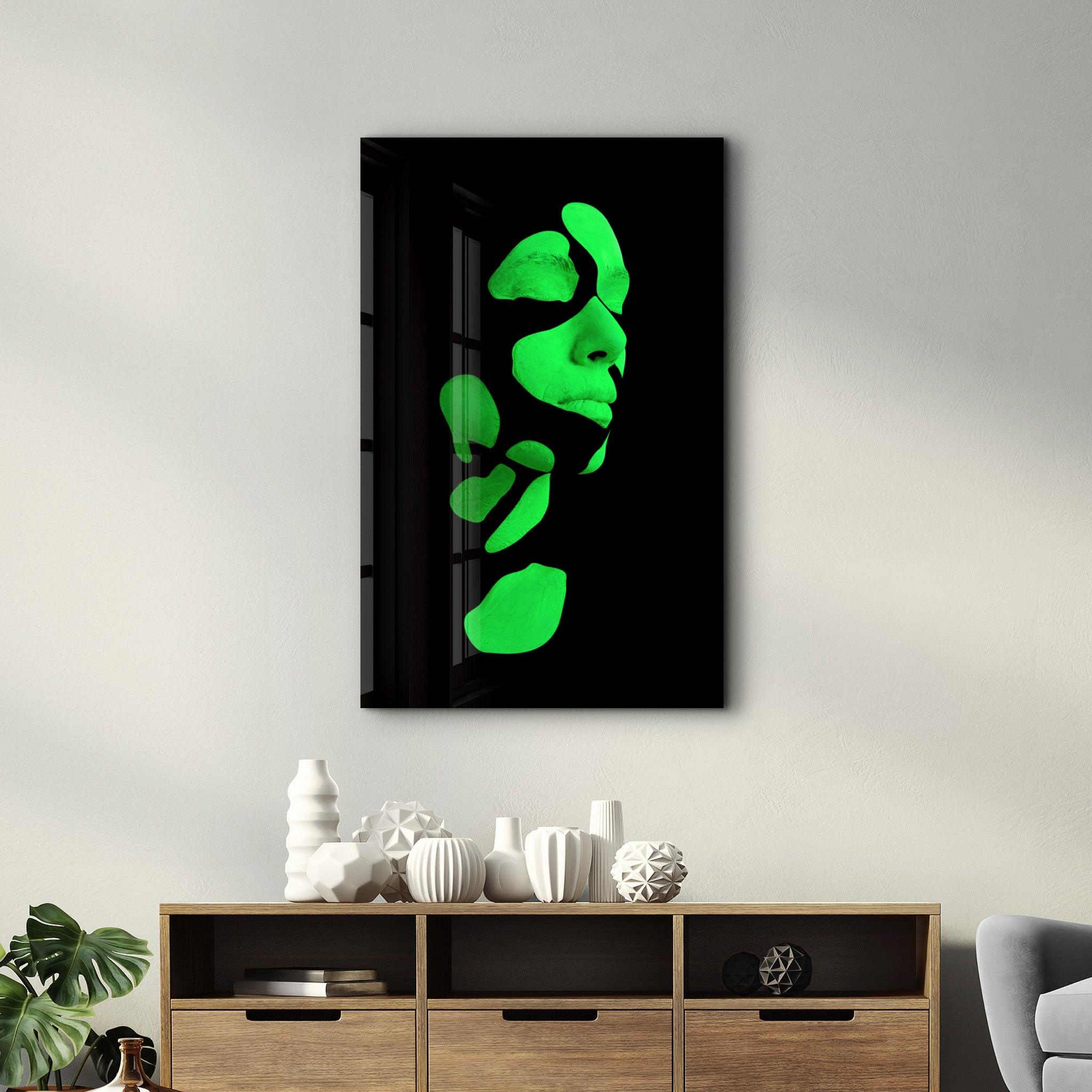 Mysterious Green Face | Glass Wall Art - Artdesigna