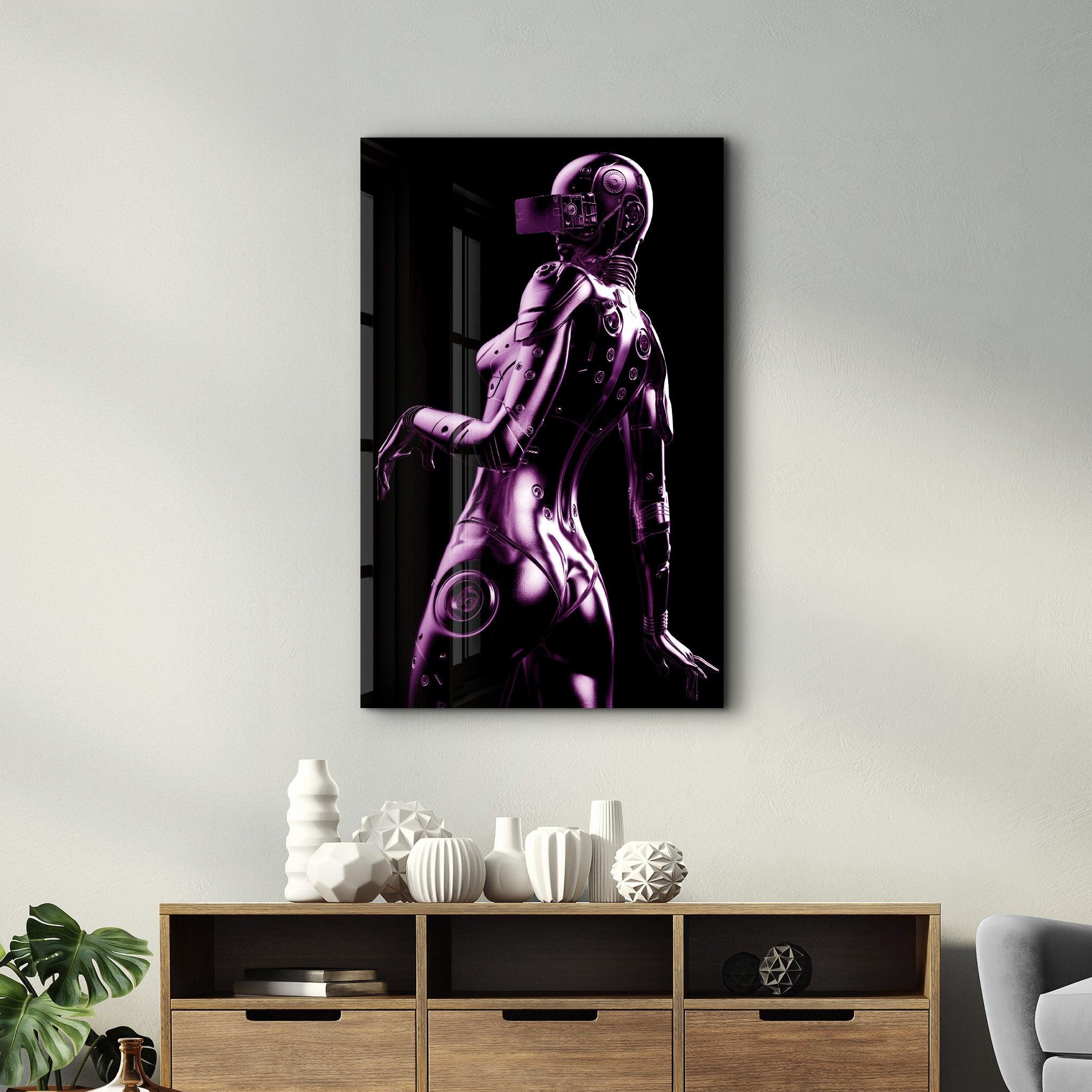 Steel Robot Girl in Purple | Designer's Collection Glass Wall Art - Artdesigna