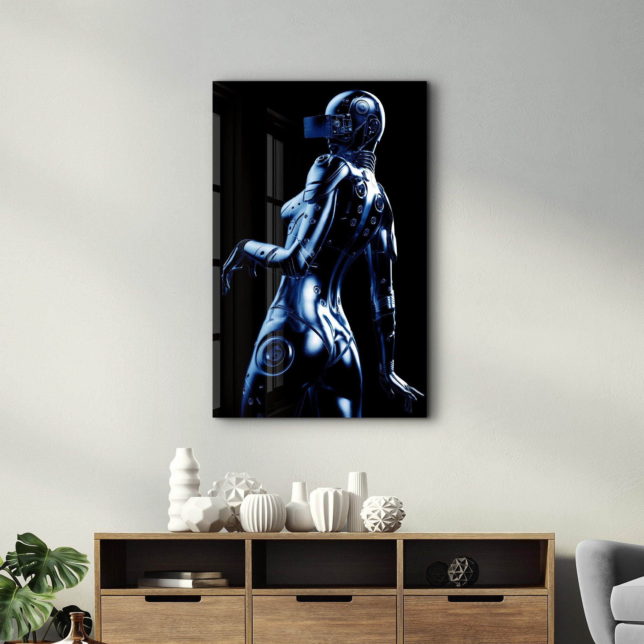 Steel Robot Girl in Blue | Designer's Collection Glass Wall Art - Artdesigna