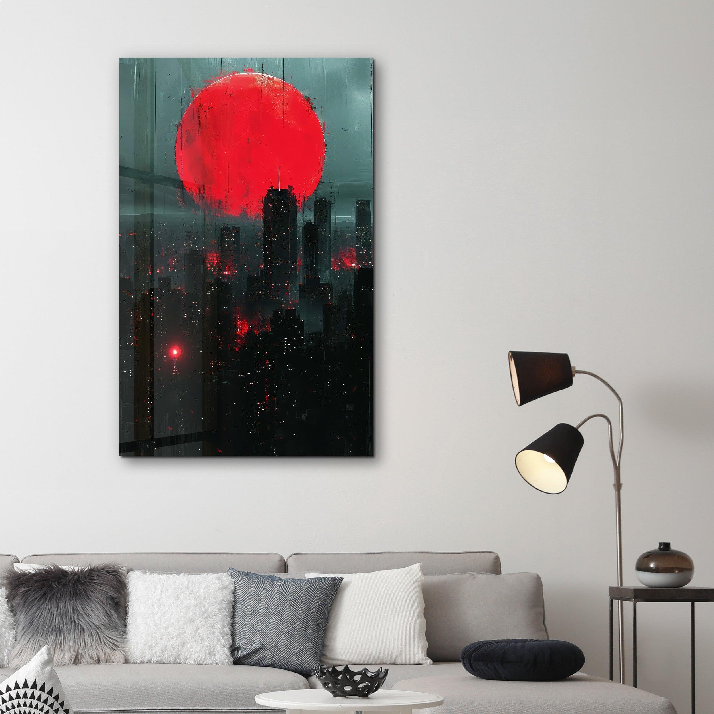 Red Moon over the City - Designers Collection Glass Wall Art - Artdesigna