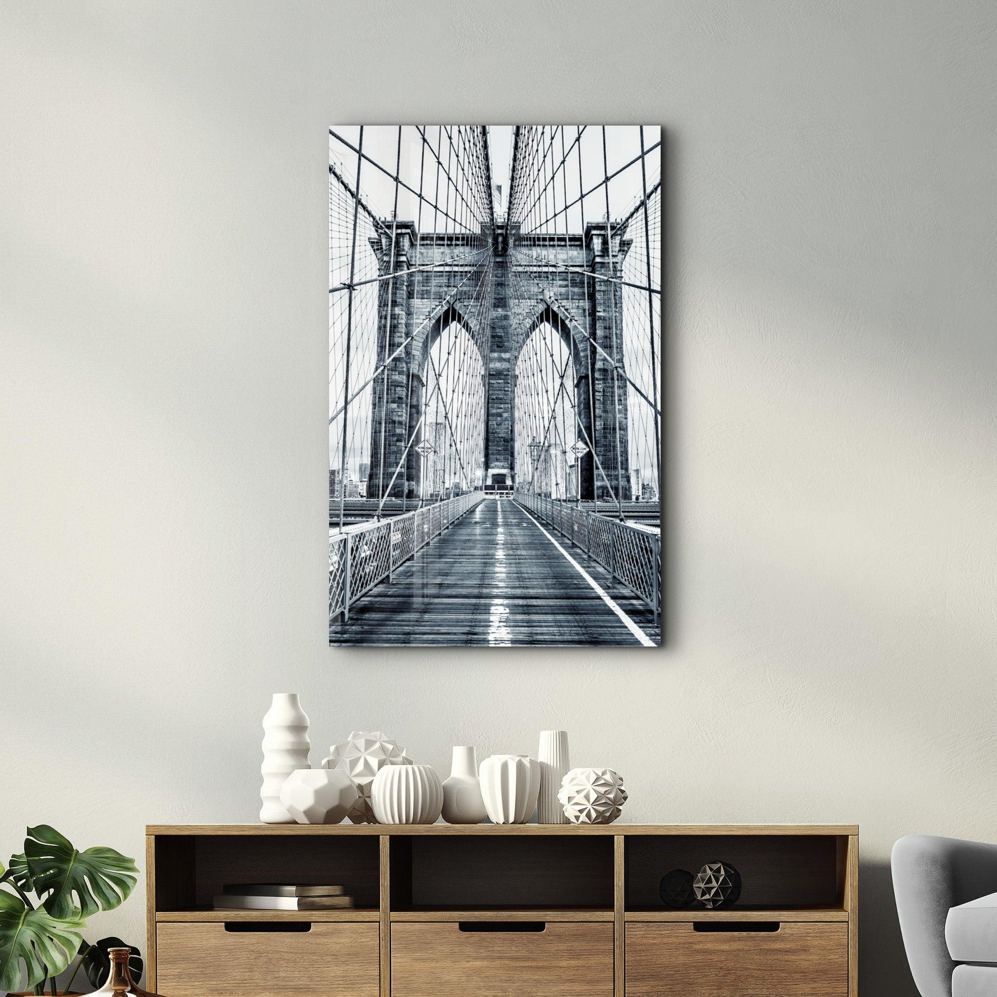 Brooklyn Bridge Retro Gray 2 | Glass Wall Art - Artdesigna