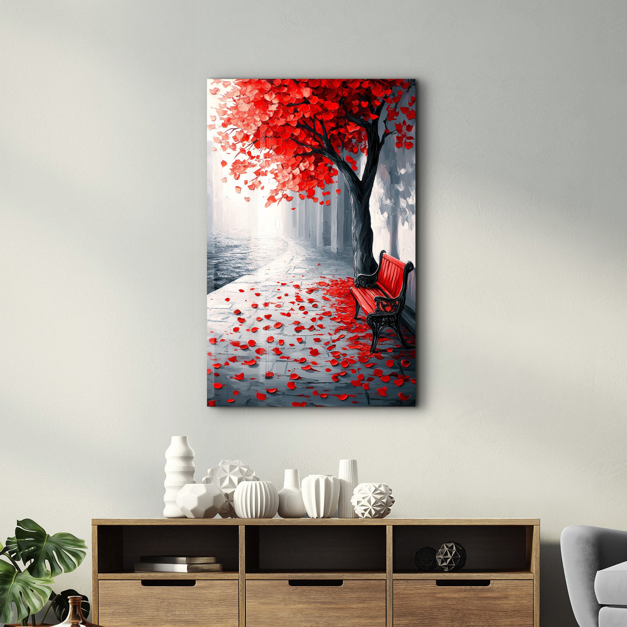 Red Bench Beneath The Tree | Glass Wall Art