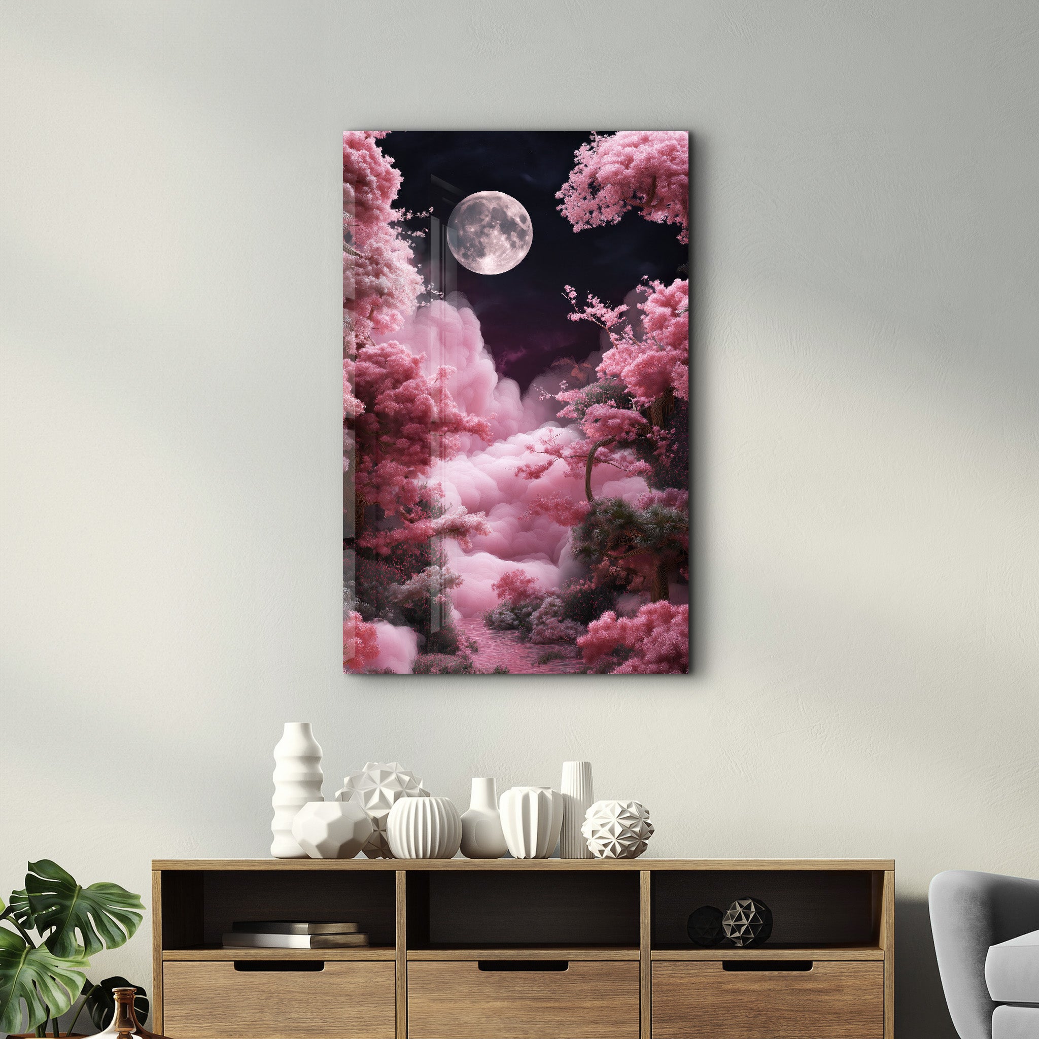 Moon is Rising over Pink Clouds | Glass Wall Art