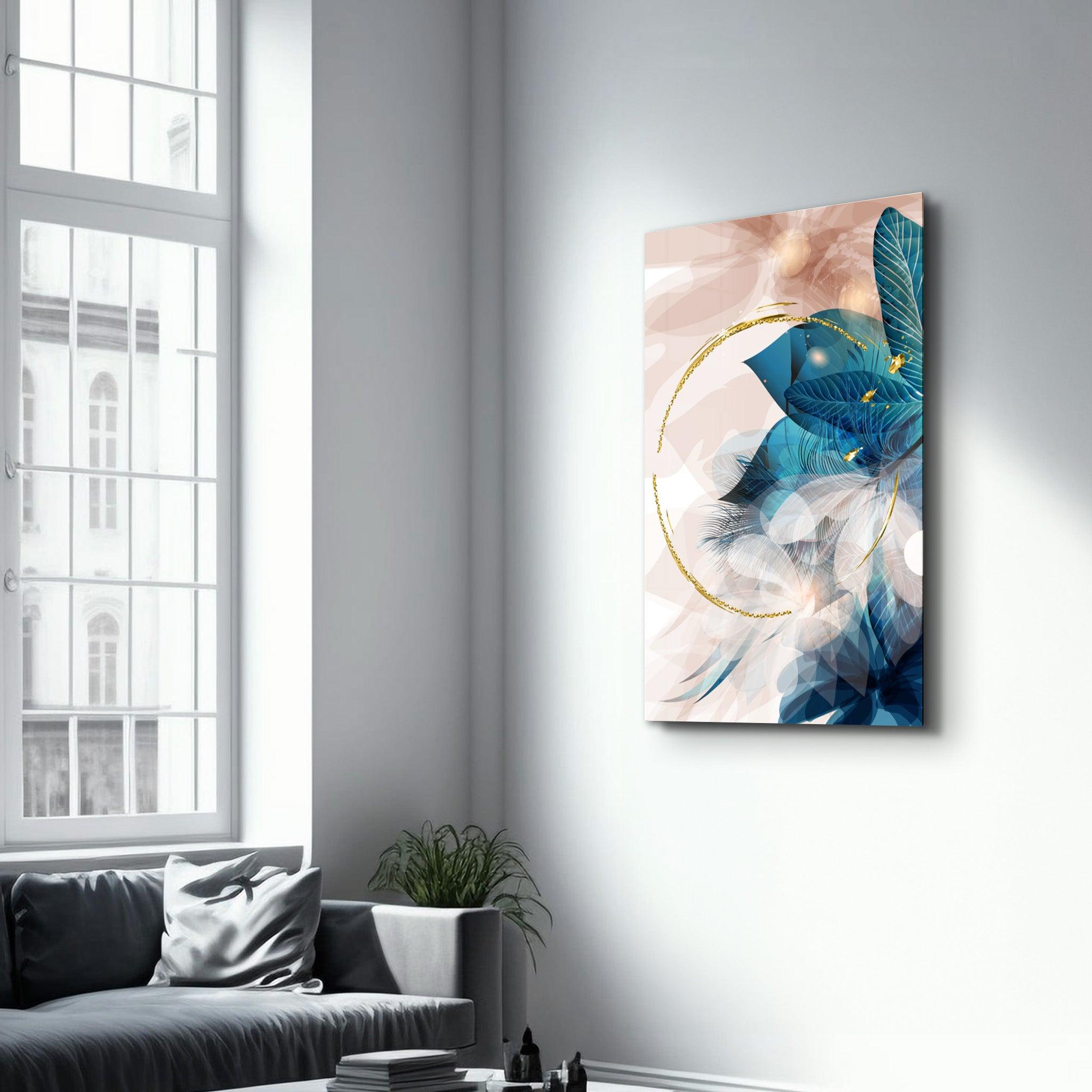 Abstract Blue Leaves | Glass Wall Art - Artdesigna