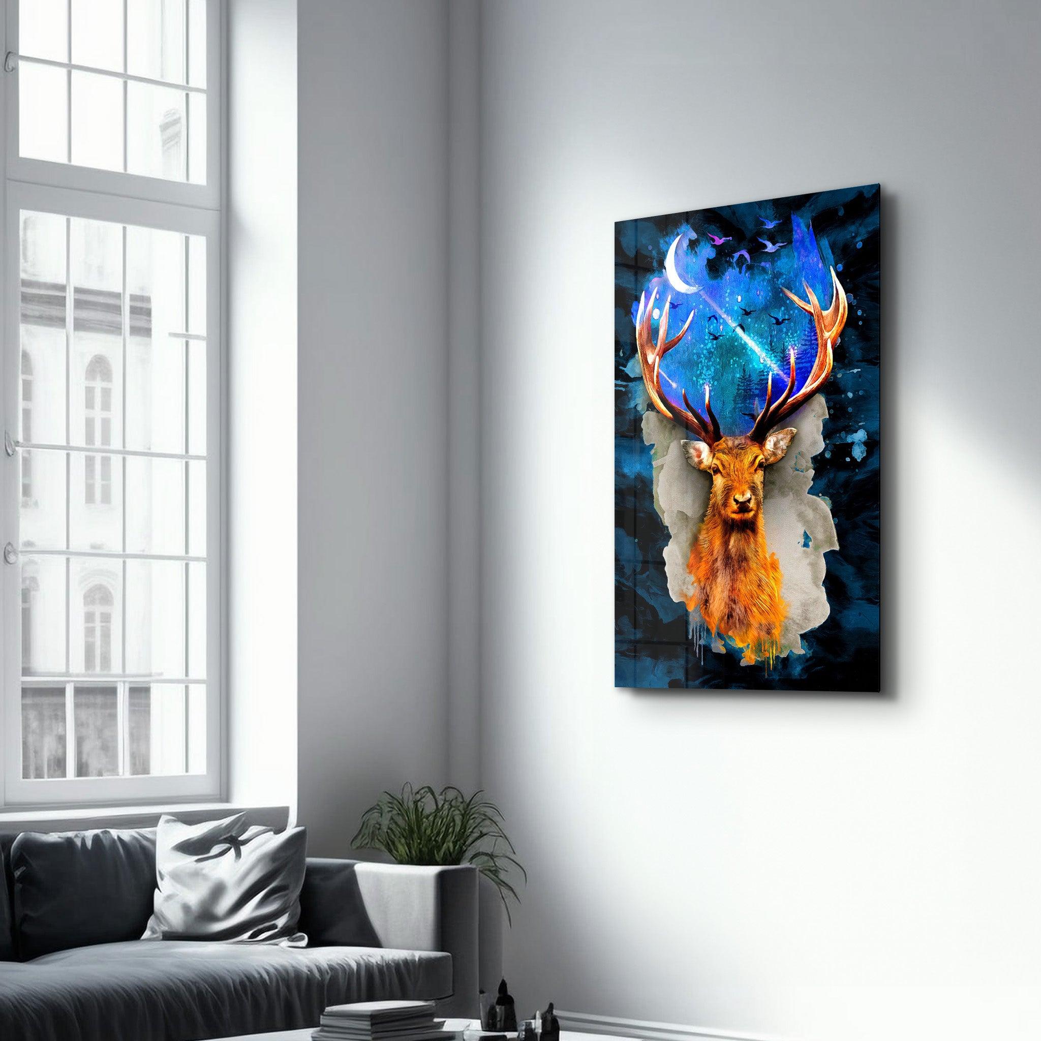 Deer & Moon | Glass Wall Art - Artdesigna