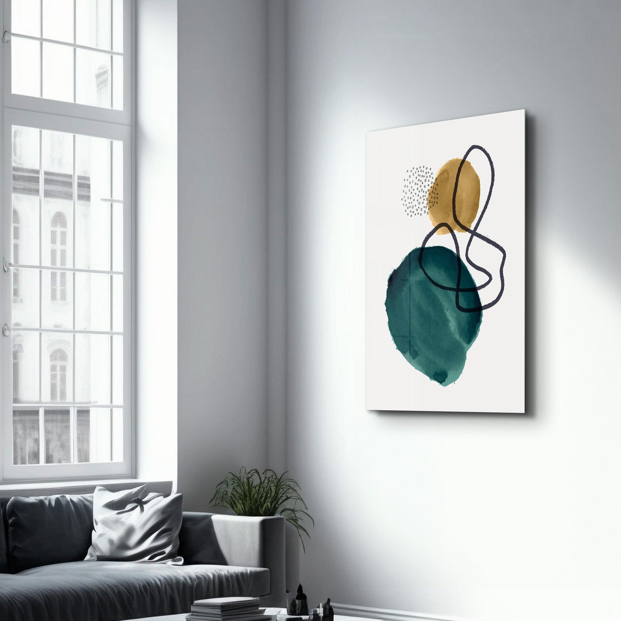 Green and Golden Shapes 1 | Glass Wall Art - Artdesigna