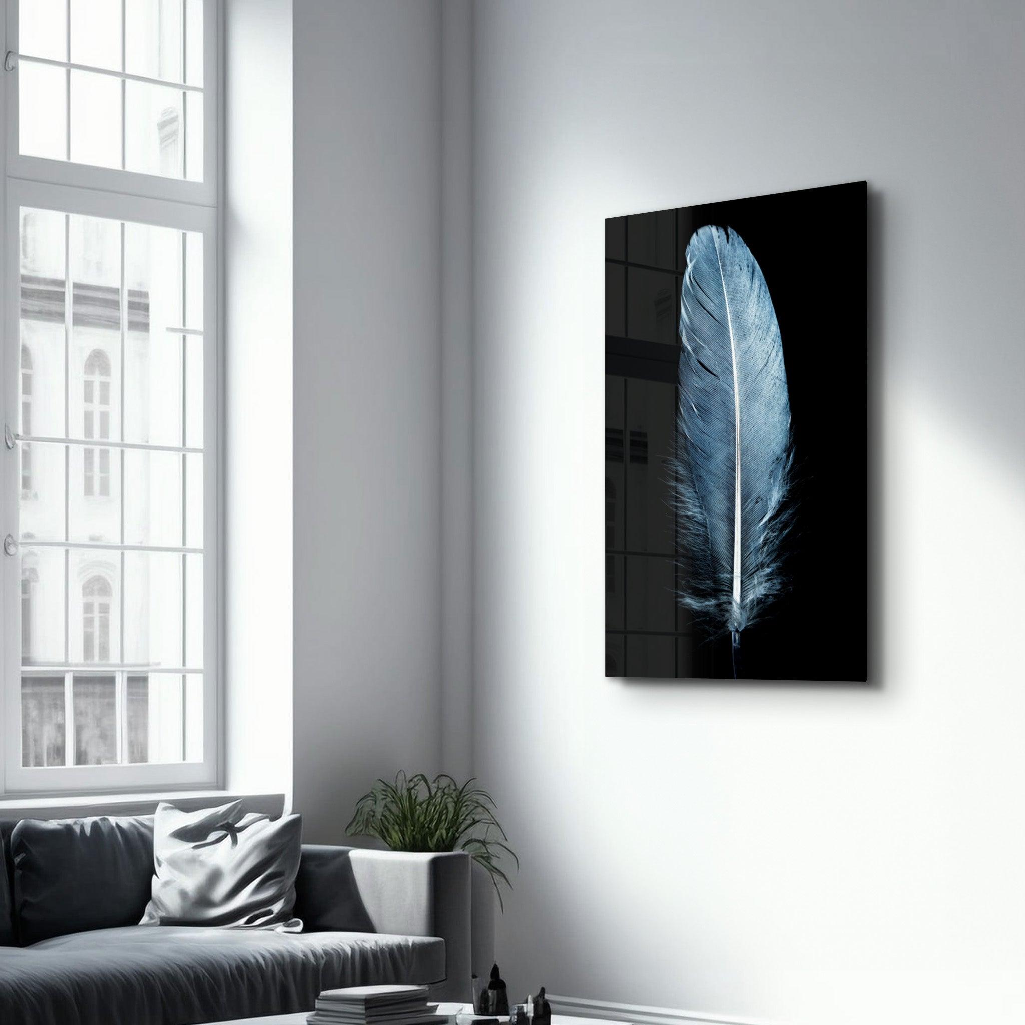 Blue Feather | Glass Wall Art - Artdesigna