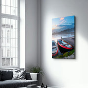 Lake and Boat Landscape | Glass Wall Art - Artdesigna