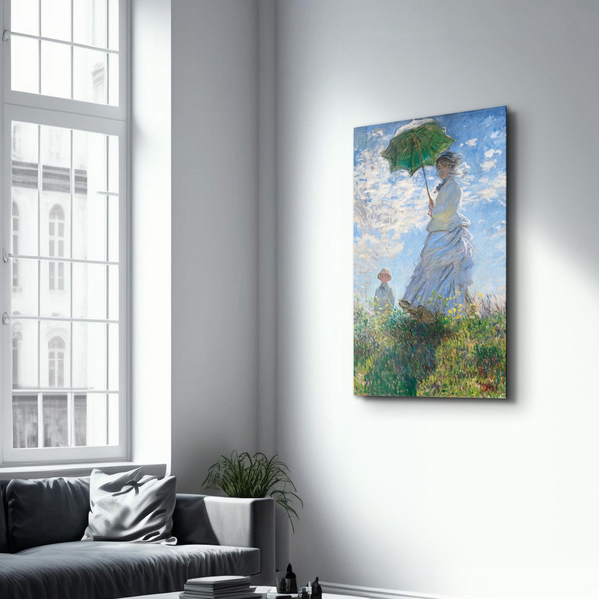 Woman with a Parasol, Madame Monet and Her Son (1875) by Claude Monet | Glass Wall Art - Artdesigna