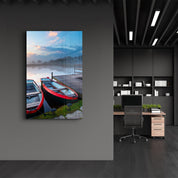 Lake and Boat Landscape | Glass Wall Art - Artdesigna