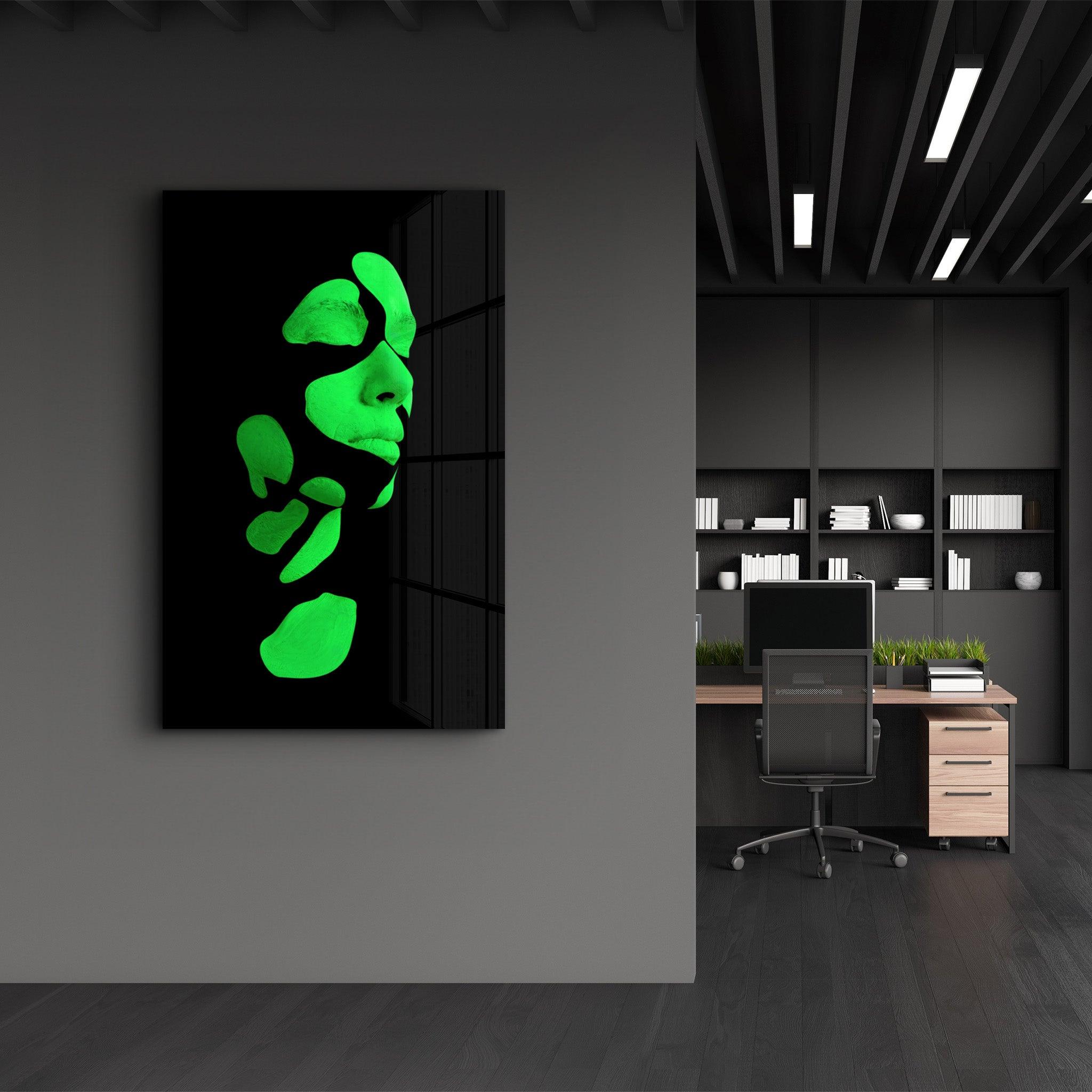 Mysterious Green Face | Glass Wall Art - Artdesigna