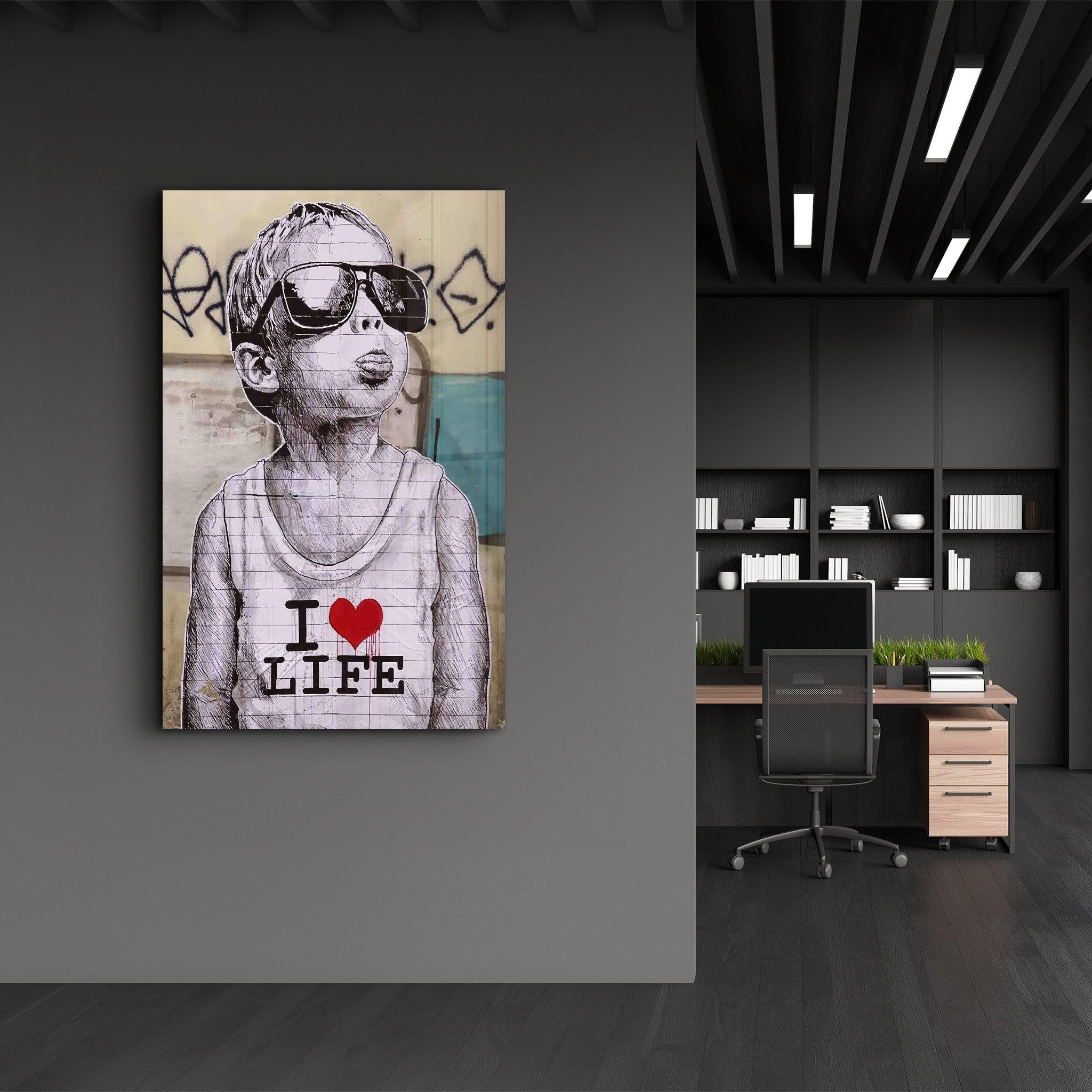 Banksy - I LOVE LIFE | Designer's Collection Glass Wall Art - Artdesigna